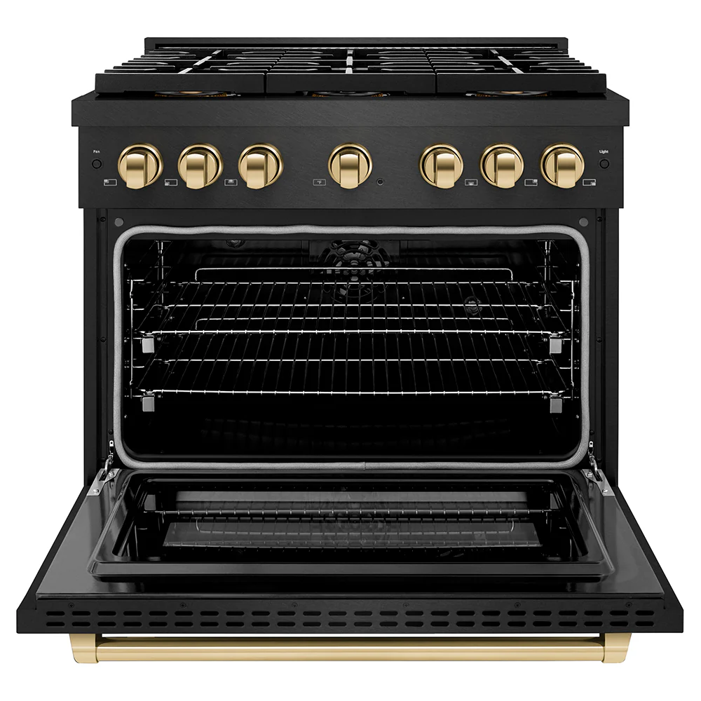ZLINE Autograph Edition 36 in. 5.2 cu. ft. Paramount Dual Fuel Range with 6 Burner DuoPro™ Cooktop and Electric Convection Oven in Black Satin Stainless Steel and Polished Gold Accents, Open Box-Great Condition - Image 4