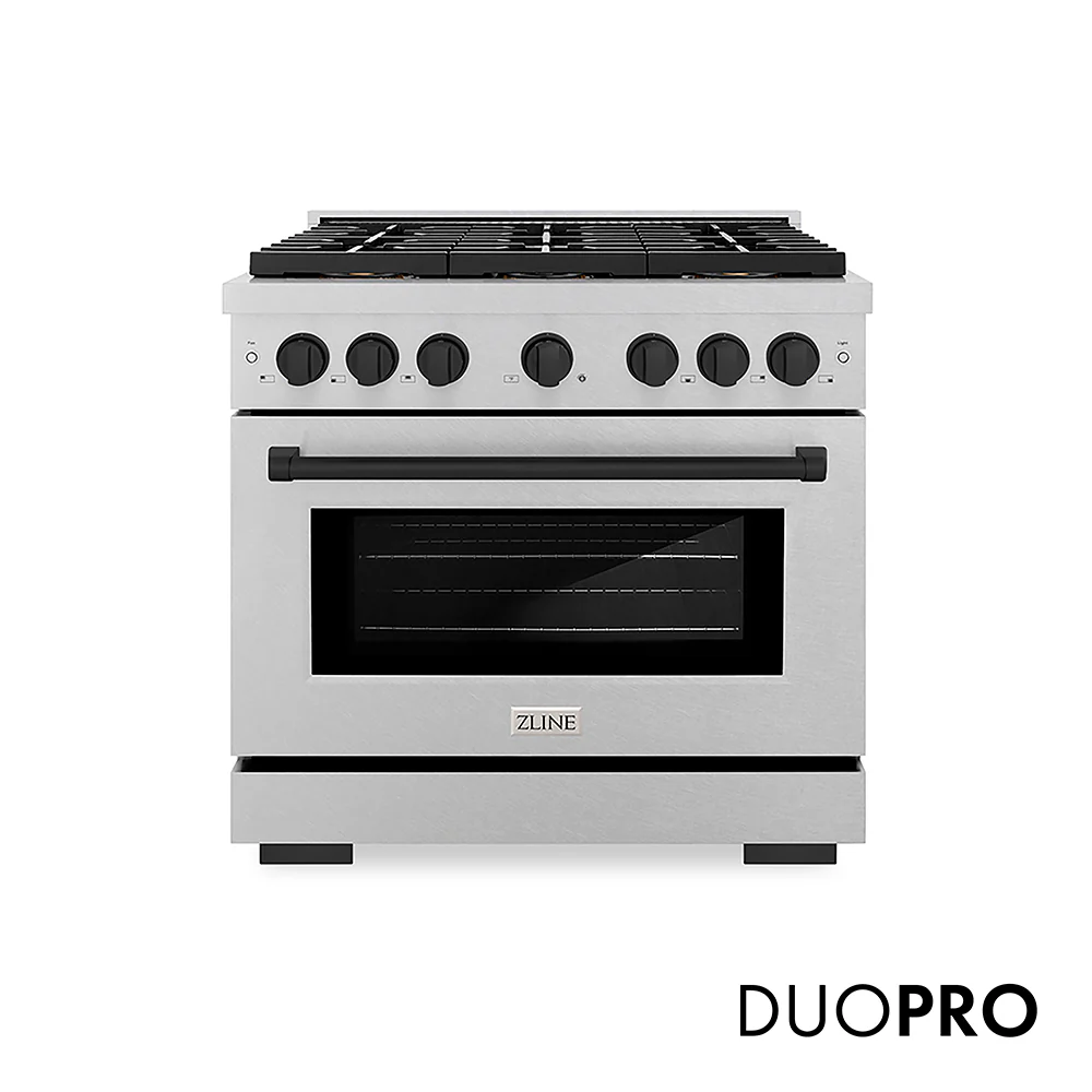 ZLINE Autograph Edition 36 in. 5.2 cu. ft. Paramount Dual Fuel Range with 6 Burner DuoPro™ Cooktop and Electric Convection Oven in Satin Stainless Steel and Matte Black Accents, Open Box-Great Condition