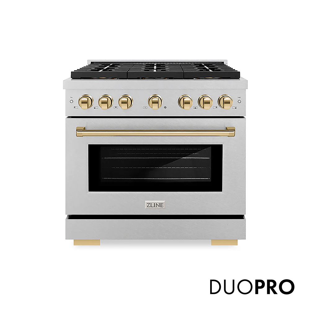 ZLINE Autograph Edition 36 in. 5.2 cu. ft. Paramount Dual Fuel Range with 6 Burner DuoPro™ Cooktop and Electric Convection Oven in Satin Stainless Steel and Polished Gold Accents, Open Box-Great Condition