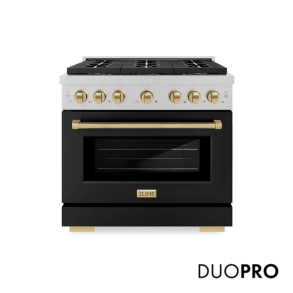 ZLINE Autograph Edition 36 in. 5.2 cu. ft. Paramount Dual Fuel Range with 6 Burner DuoPro™ Cooktop and Electric Convection Oven in Satin Stainless Steel with Black Matte Door and Champagne Bronze Accents, Open Box-Great Condition