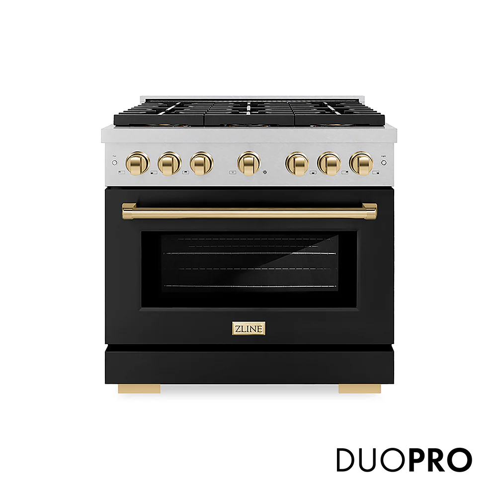 ZLINE Autograph Edition 36 in. 5.2 cu. ft. Paramount Dual Fuel Range with 6 Burner DuoPro™ Cooktop and Electric Convection Oven in Satin Stainless Steel with Black Matte Door and Polished Gold Accents, Open Box-Great Condition
