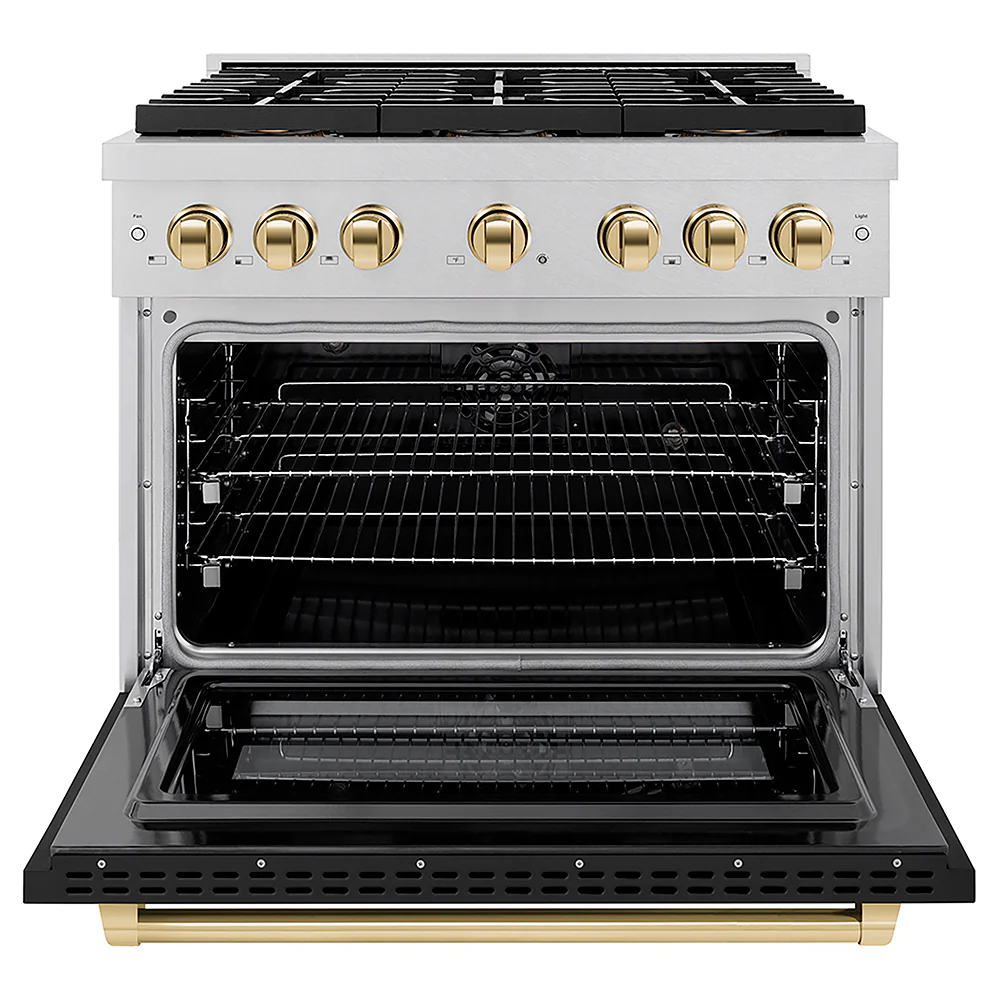 ZLINE Autograph Edition 36 in. 5.2 cu. ft. Paramount Dual Fuel Range with 6 Burner DuoPro™ Cooktop and Electric Convection Oven in Satin Stainless Steel with Black Matte Door and Polished Gold Accents, Open Box-Great Condition - Image 4