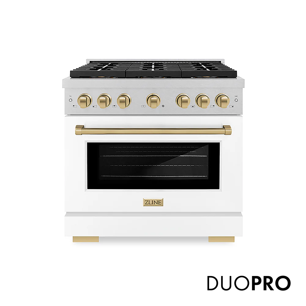 ZLINE Autograph Edition 36 in. 5.2 cu. ft. Paramount Dual Fuel Range with 6 Burner DuoPro™ Cooktop and Electric Convection Oven in Satin Stainless Steel with White Matte Door and Champagne Bronze Accents, Open Box-Great Condition