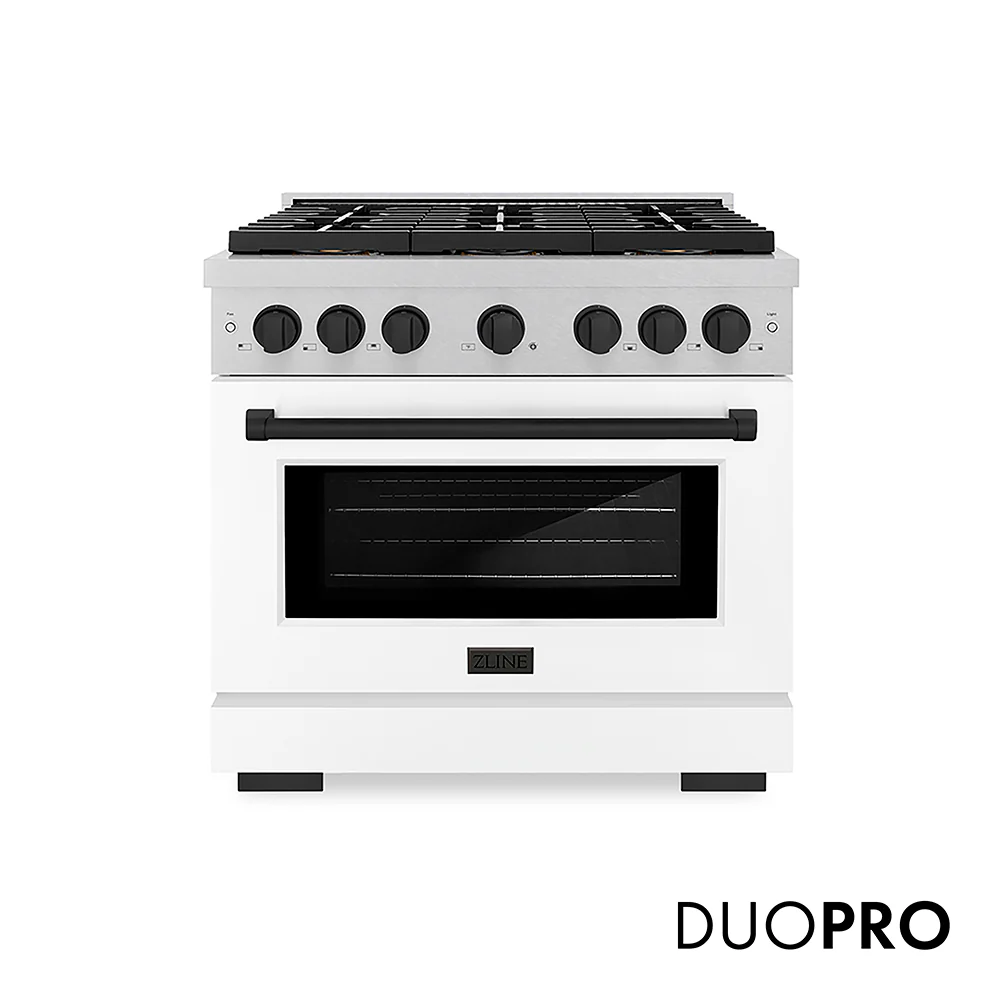 ZLINE Autograph Edition 36 in. 5.2 cu. ft. Paramount Dual Fuel Range with 6 Burner DuoPro™ Cooktop and Electric Convection Oven in Satin Stainless Steel with White Matte Door and Matte Black Accents, Open Box-Great Condition