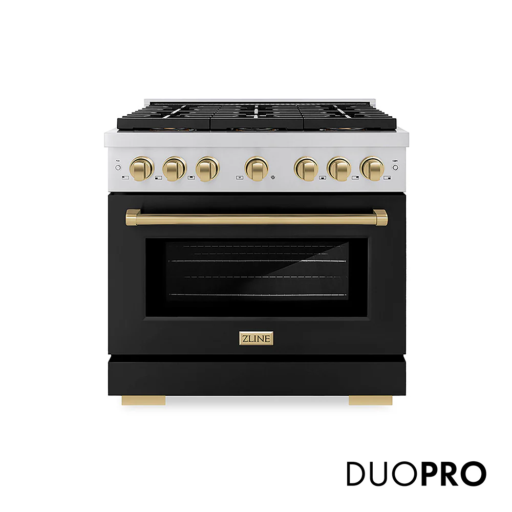 ZLINE Autograph Edition 36 in. 5.2 cu. ft. Paramount Dual Fuel Range with 6 Burner DuoPro™ Cooktop and Electric Convection Oven with Black Matte Door and Champagne Bronze Accents, Open Box-Great Condition