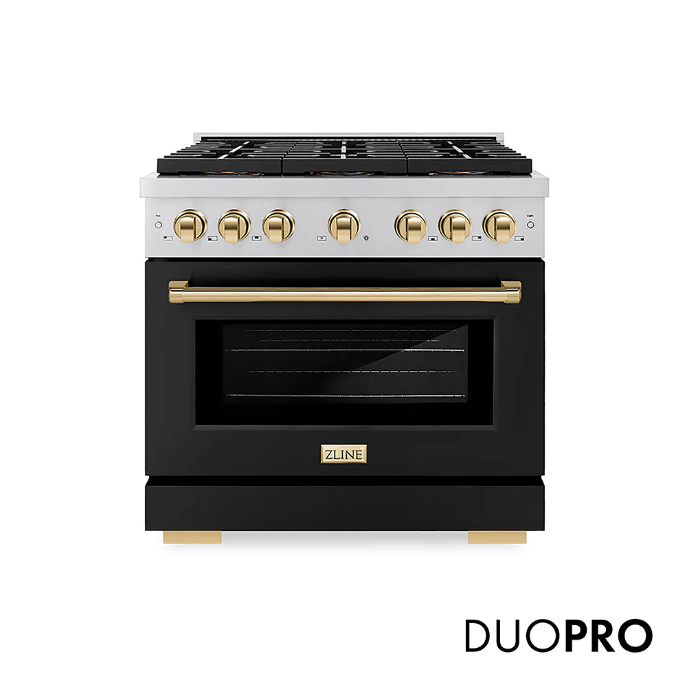 ZLINE Autograph Edition 36 in. 5.2 cu. ft. Paramount Dual Fuel Range with 6 Burner DuoPro™ Cooktop and Electric Convection Oven with Black Matte Door and Polished Gold Accents, Open Box-Great Condition