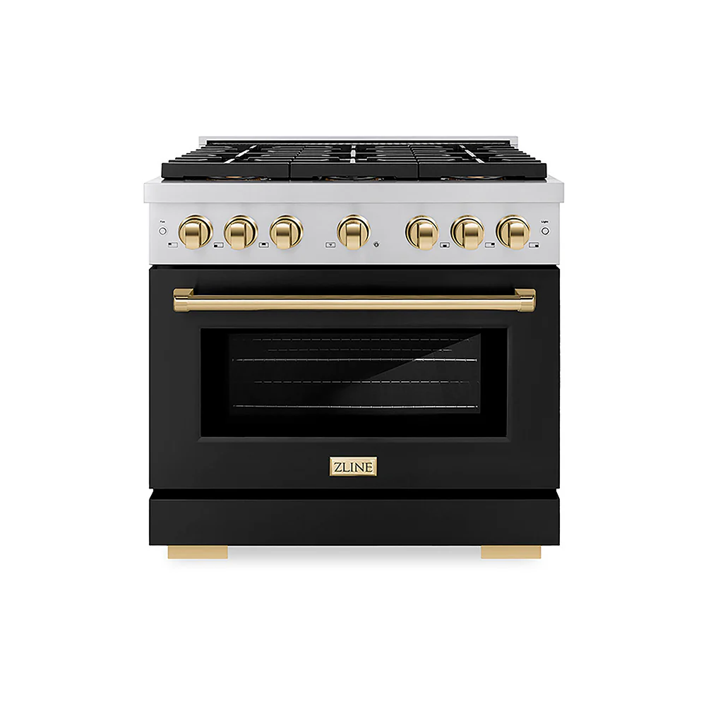 ZLINE Autograph Edition 36 in. 5.2 cu. ft. Paramount Dual Fuel Range with 6 Burner DuoPro™ Cooktop and Electric Convection Oven with Black Matte Door and Polished Gold Accents, Open Box-Great Condition - Image 3