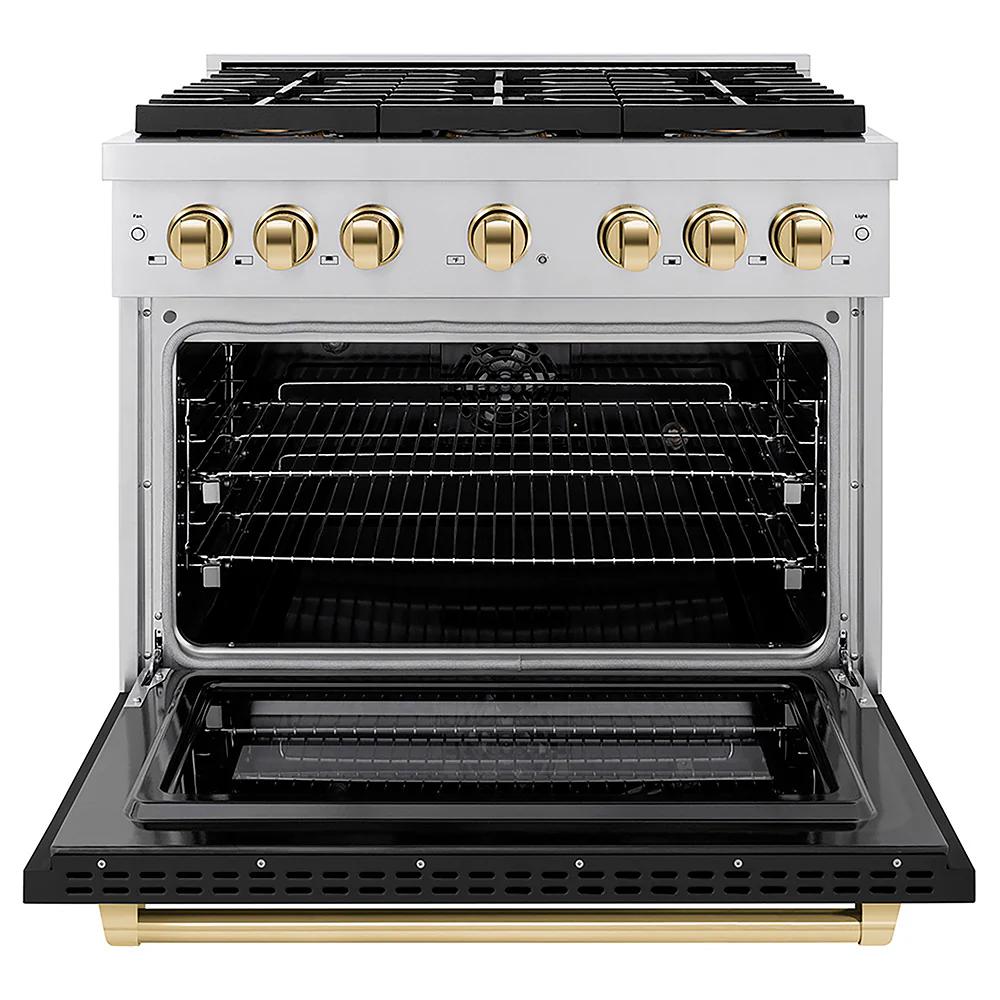 ZLINE Autograph Edition 36 in. 5.2 cu. ft. Paramount Dual Fuel Range with 6 Burner DuoPro™ Cooktop and Electric Convection Oven with Black Matte Door and Polished Gold Accents, Open Box-Great Condition - Image 4