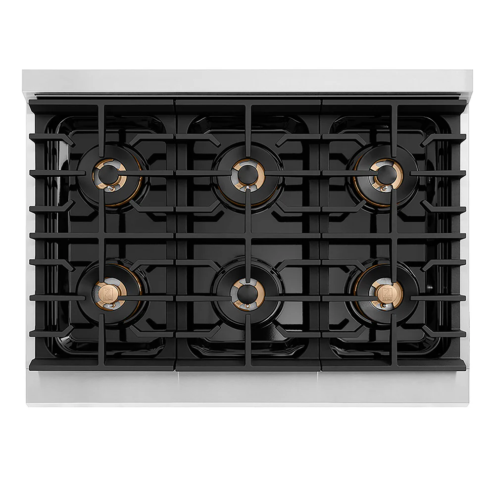 ZLINE Autograph Edition 36 in. 5.2 cu. ft. Paramount Dual Fuel Range with 6 Burner DuoPro™ Cooktop and Electric Convection Oven with White Matte Door and Champagne Bronze Accents, Open Box-Great Condition - Image 2