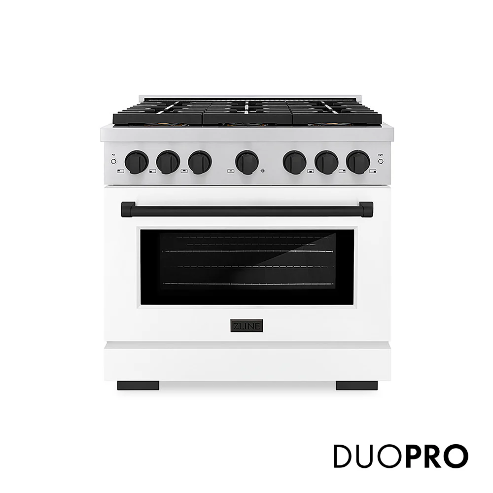 ZLINE Autograph Edition 36 in. 5.2 cu. ft. Paramount Dual Fuel Range with 6 Burner DuoPro™ Cooktop and Electric Convection Oven with White Matte Door and Matte Black Accents, Open Box-Great Condition