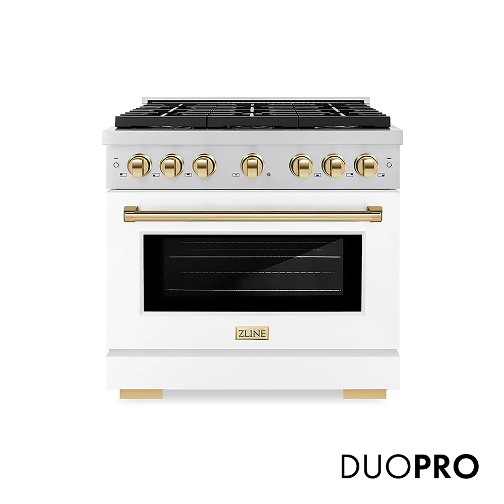 ZLINE Autograph Edition 36 in. 5.2 cu. ft. Paramount Dual Fuel Range with 6 Burner DuoPro™ Cooktop and Electric Convection Oven with White Matte Door and Polished Gold Accents, Open Box-Great Condition