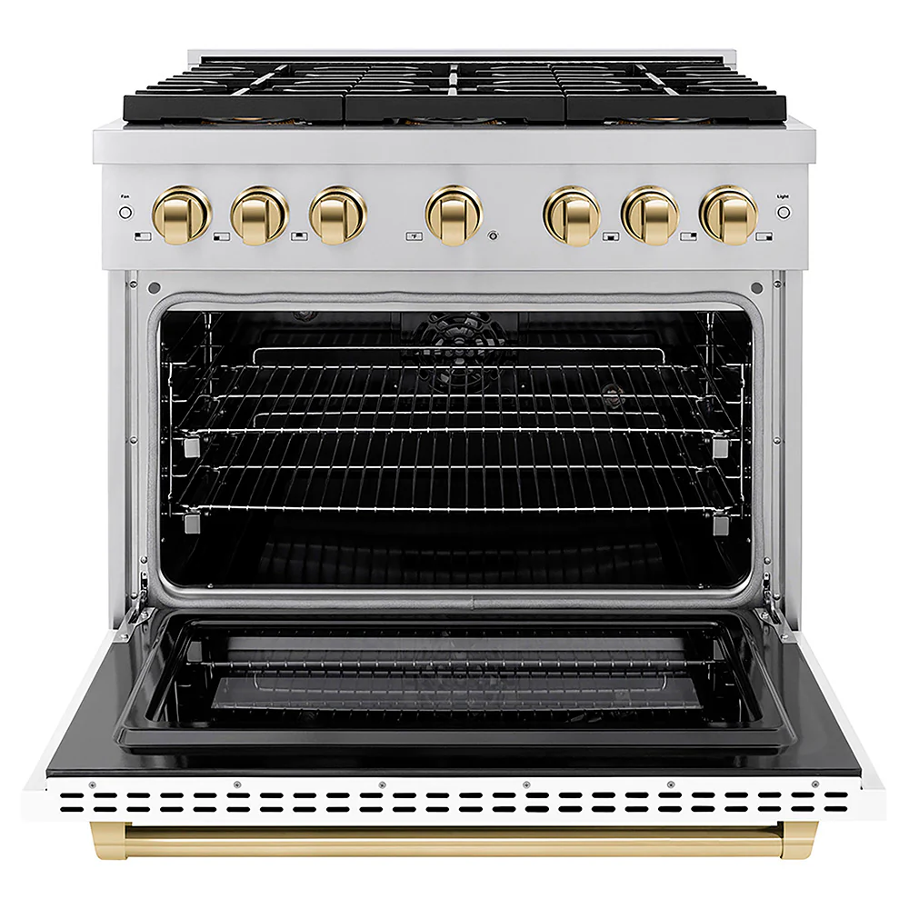 ZLINE Autograph Edition 36 in. 5.2 cu. ft. Paramount Dual Fuel Range with 6 Burner DuoPro™ Cooktop and Electric Convection Oven with White Matte Door and Polished Gold Accents, Open Box-Great Condition - Image 4