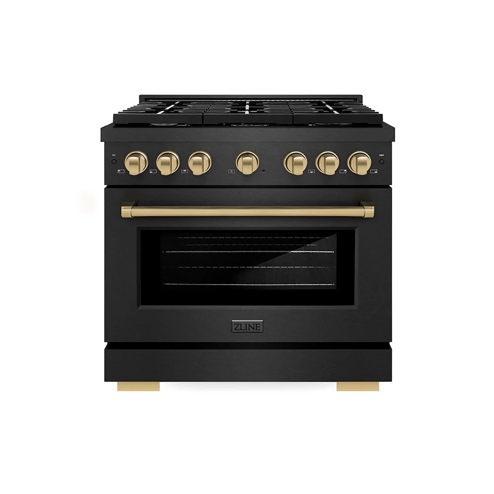 ZLINE Autograph Edition 36 in. 5.2 cu. ft. Paramount Dual Fuel Range with 6 Burner Gas Cooktop and Electric Convection Oven in Black Satin Stainless Steel with Champagne Bronze Accents, Open Box-Great Condition