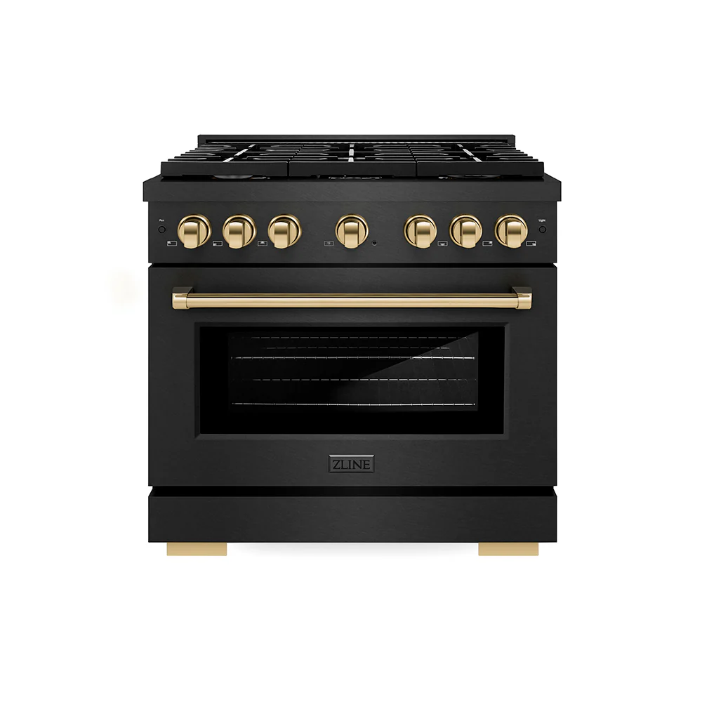 ZLINE Autograph Edition 36 in. 5.2 cu. ft. Paramount Dual Fuel Range with 6 Burner Gas Cooktop and Electric Convection Oven in Black Satin Stainless Steel with Polished Gold Accents, Open Box-Great Condition