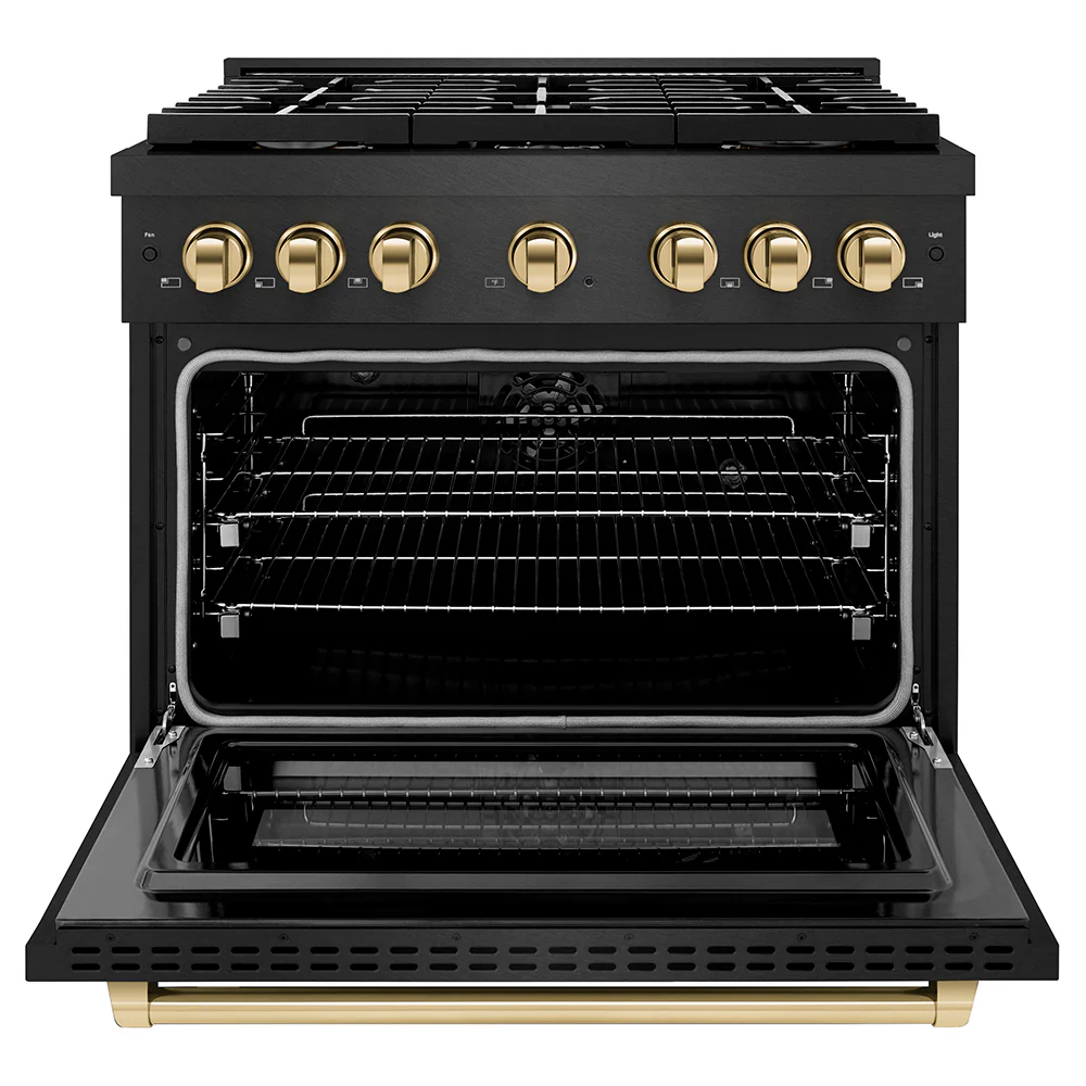 ZLINE Autograph Edition 36 in. 5.2 cu. ft. Paramount Dual Fuel Range with 6 Burner Gas Cooktop and Electric Convection Oven in Black Satin Stainless Steel with Polished Gold Accents, Open Box-Great Condition - Image 3