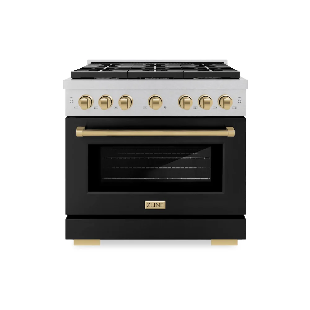 ZLINE Autograph Edition 36 in. 5.2 cu. ft. Paramount Dual Fuel Range with 6 Burner Gas Cooktop and Electric Convection Oven in Satin Stainless Steel with Black Matte Door and Champagne Bronze Accents, Open Box-Great Condition - Image 3
