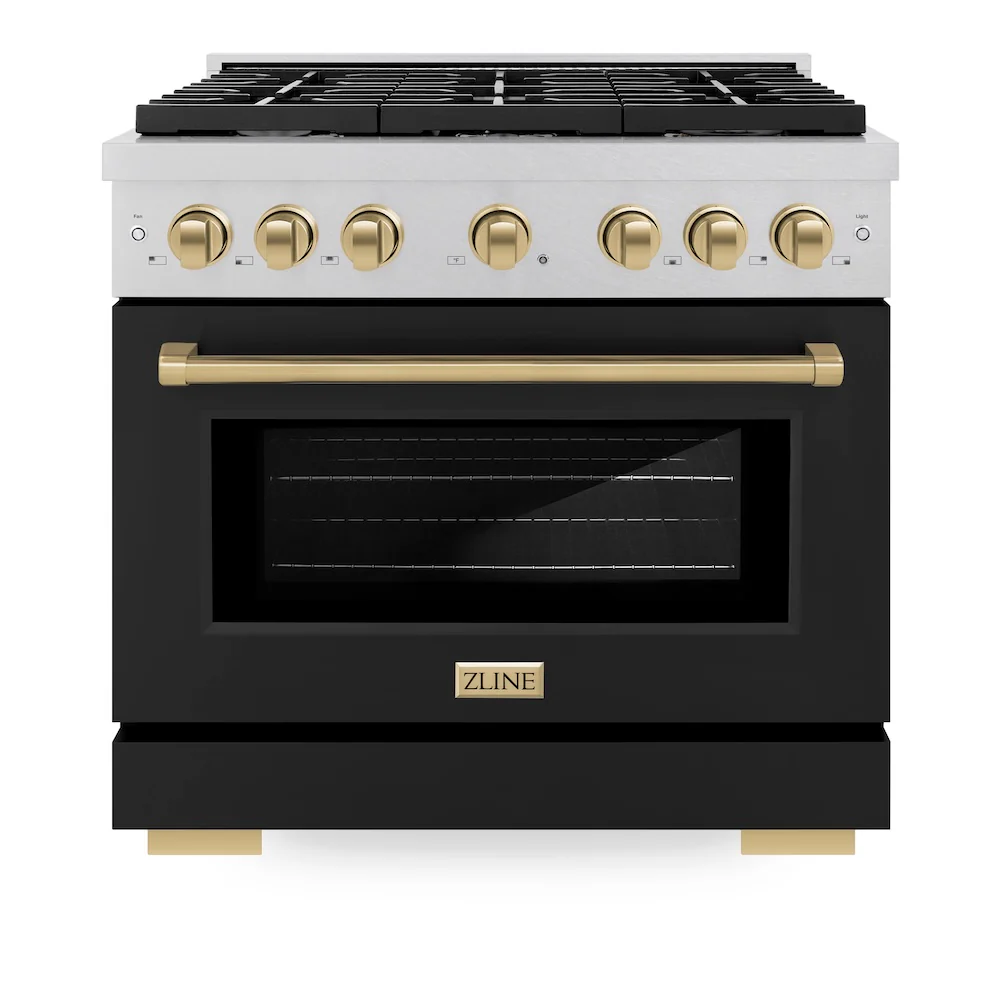 ZLINE Autograph Edition 36 in. 5.2 cu. ft. Paramount Dual Fuel Range with 6 Burner Gas Cooktop and Electric Convection Oven in Satin Stainless Steel with Black Matte Door and Champagne Bronze Accents, Open Box-Great Condition - Image 4