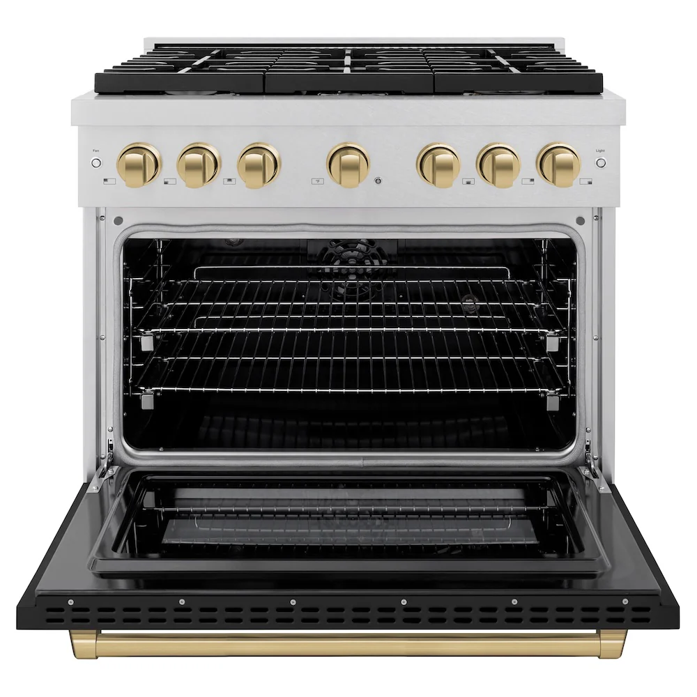 ZLINE Autograph Edition 36 in. 5.2 cu. ft. Paramount Dual Fuel Range with 6 Burner Gas Cooktop and Electric Convection Oven in Satin Stainless Steel with Black Matte Door and Champagne Bronze Accents, Open Box-Great Condition - Image 5