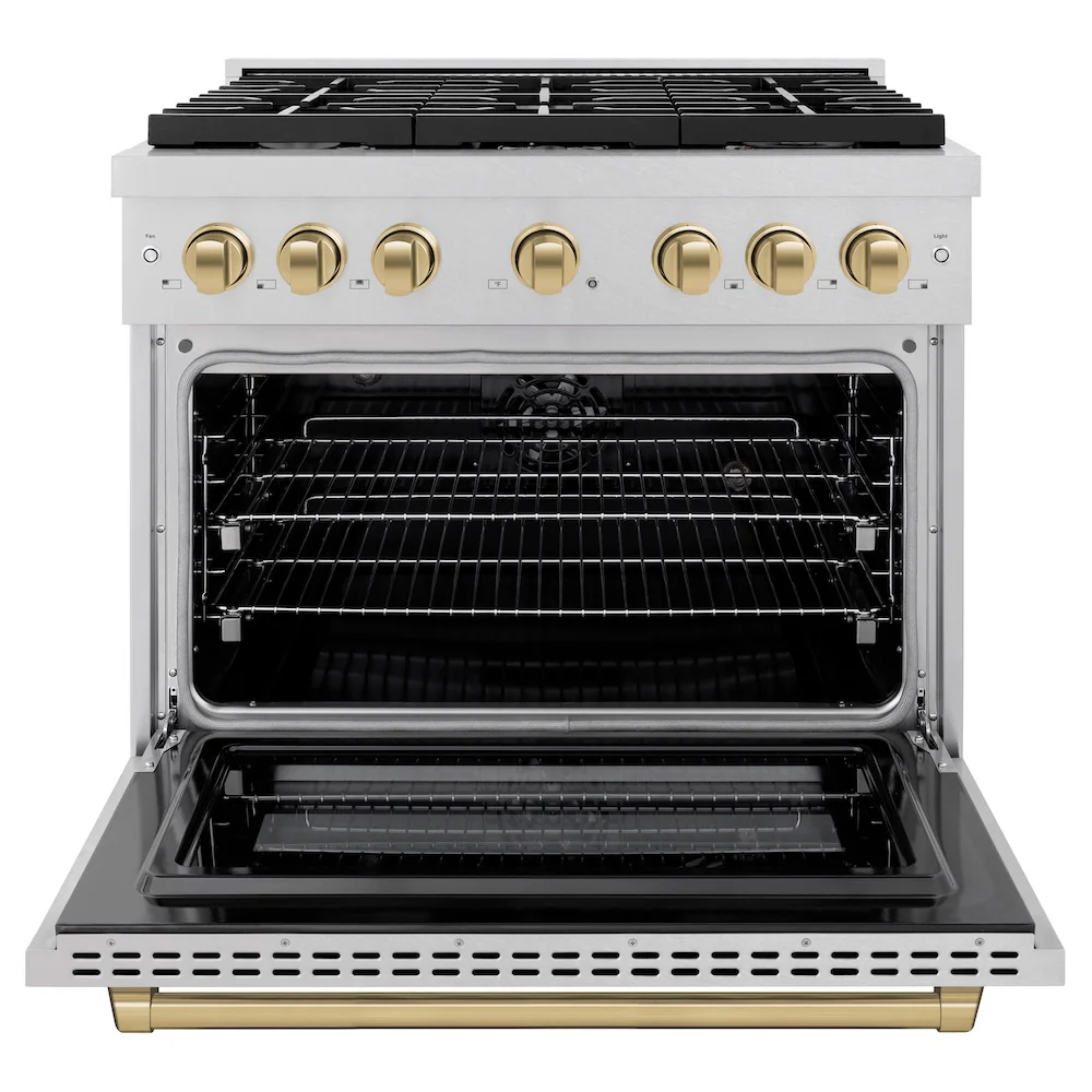 ZLINE Autograph Edition 36 in. 5.2 cu. ft. Paramount Dual Fuel Range with 6 Burner Gas Cooktop and Electric Convection Oven in Satin Stainless Steel with Champagne Bronze Accents, Open Box-Great Condition - Image 5