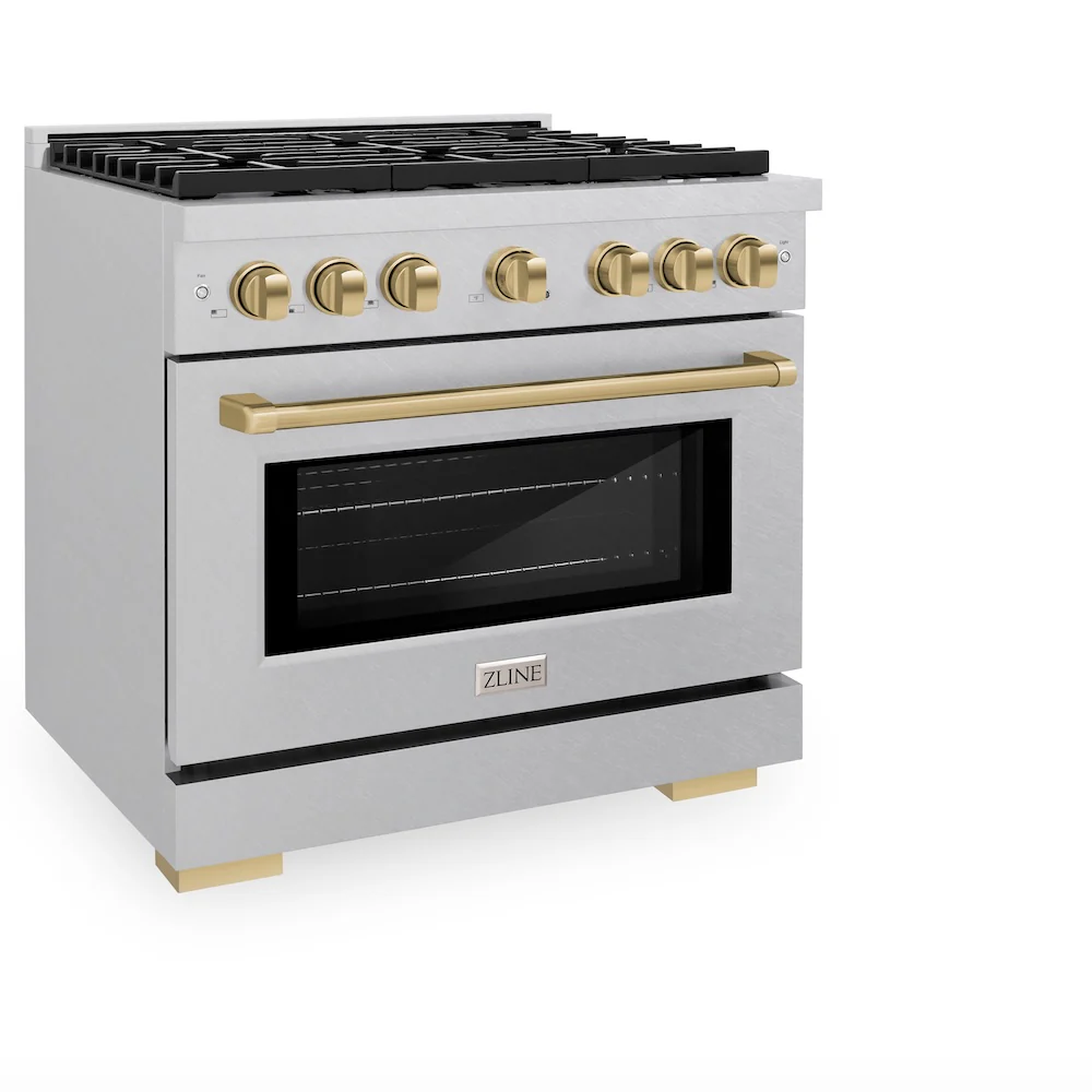 ZLINE Autograph Edition 36 in. 5.2 cu. ft. Paramount Dual Fuel Range with 6 Burner Gas Cooktop and Electric Convection Oven in Satin Stainless Steel with Champagne Bronze Accents, Open Box-Great Condition - Image 6