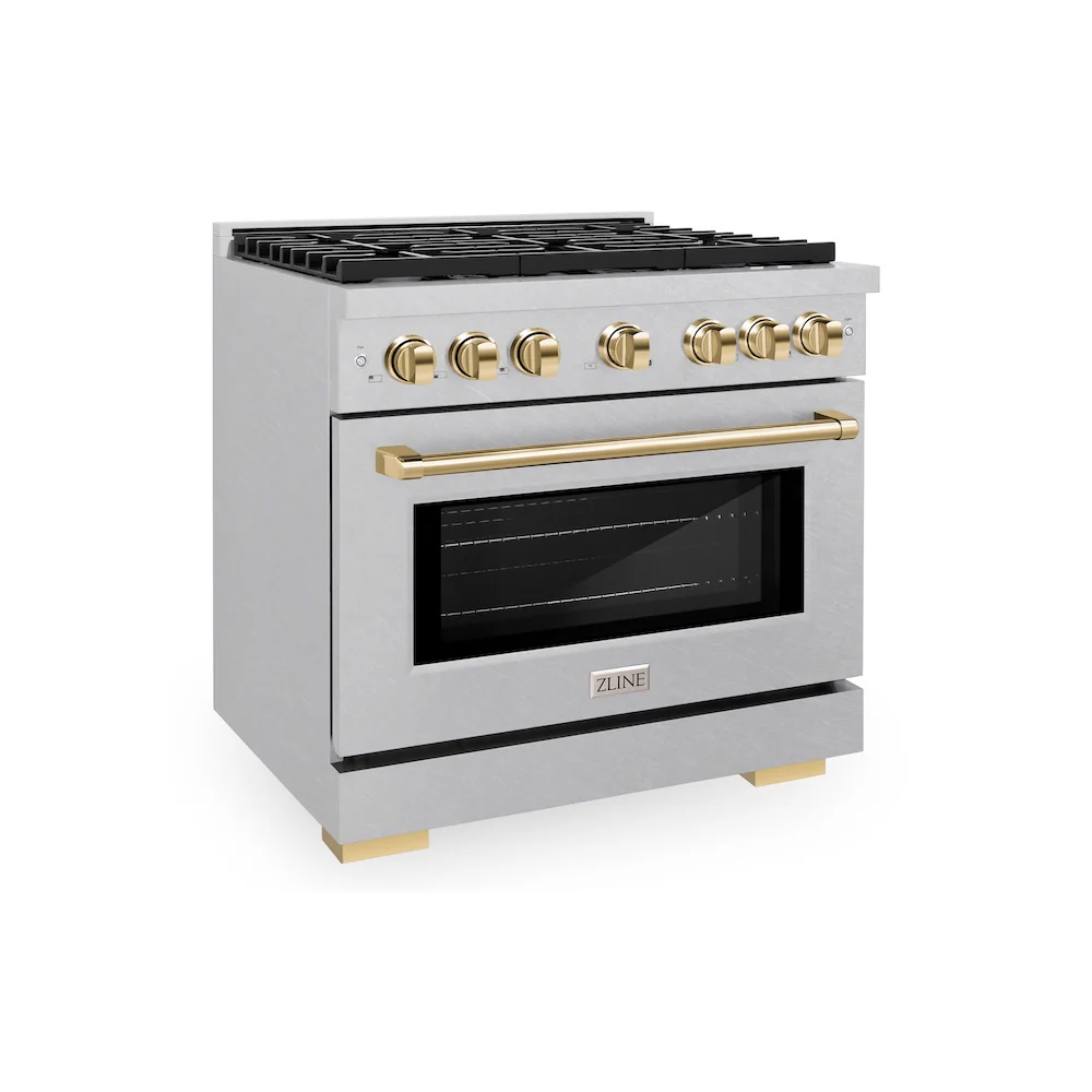 ZLINE Autograph Edition 36 in. 5.2 cu. ft. Paramount Dual Fuel Range with 6 Burner Gas Cooktop and Electric Convection Oven in Satin Stainless Steel with Polished Gold Accents, Open Box-Great Condition