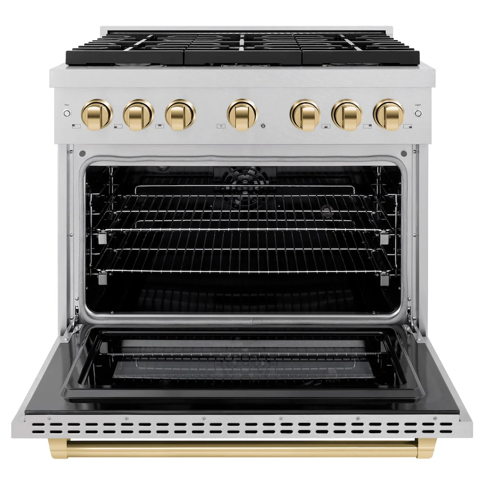 ZLINE Autograph Edition 36 in. 5.2 cu. ft. Paramount Dual Fuel Range with 6 Burner Gas Cooktop and Electric Convection Oven in Satin Stainless Steel with Polished Gold Accents, Open Box-Great Condition - Image 5
