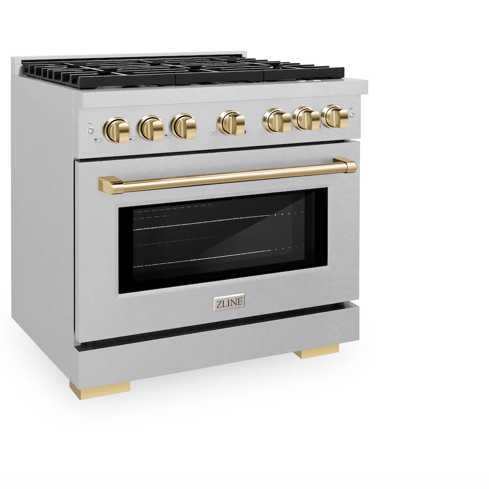 ZLINE Autograph Edition 36 in. 5.2 cu. ft. Paramount Dual Fuel Range with 6 Burner Gas Cooktop and Electric Convection Oven in Satin Stainless Steel with Polished Gold Accents, Open Box-Great Condition - Image 6