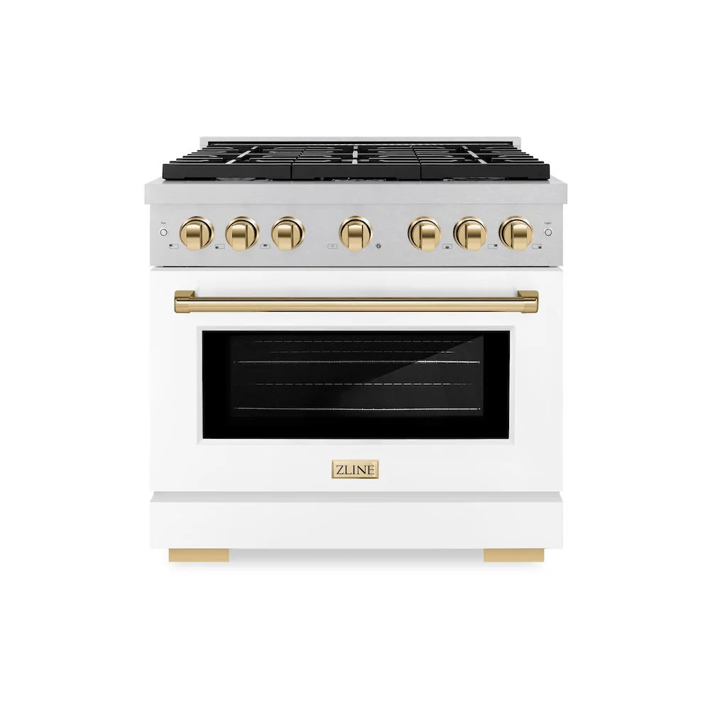 ZLINE Autograph Edition 36 in. 5.2 cu. ft. Paramount Dual Fuel Range with 6 Burner Gas Cooktop and Electric Convection Oven in Satin Stainless Steel with White Matte Door and Polished Gold Accents, Open Box-Great Condition - Image 3