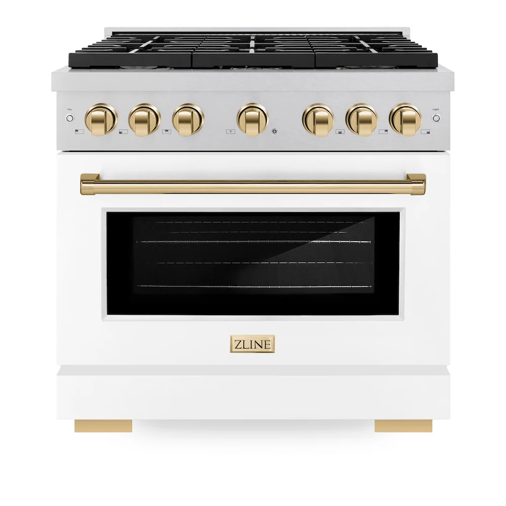 ZLINE Autograph Edition 36 in. 5.2 cu. ft. Paramount Dual Fuel Range with 6 Burner Gas Cooktop and Electric Convection Oven in Satin Stainless Steel with White Matte Door and Polished Gold Accents, Open Box-Great Condition - Image 4