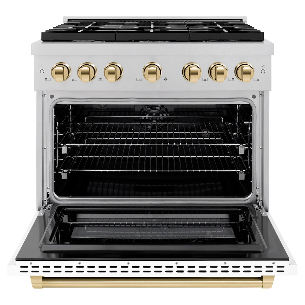 ZLINE Autograph Edition 36 in. 5.2 cu. ft. Paramount Dual Fuel Range with 6 Burner Gas Cooktop and Electric Convection Oven in Satin Stainless Steel with White Matte Door and Polished Gold Accents, Open Box-Great Condition - Image 9