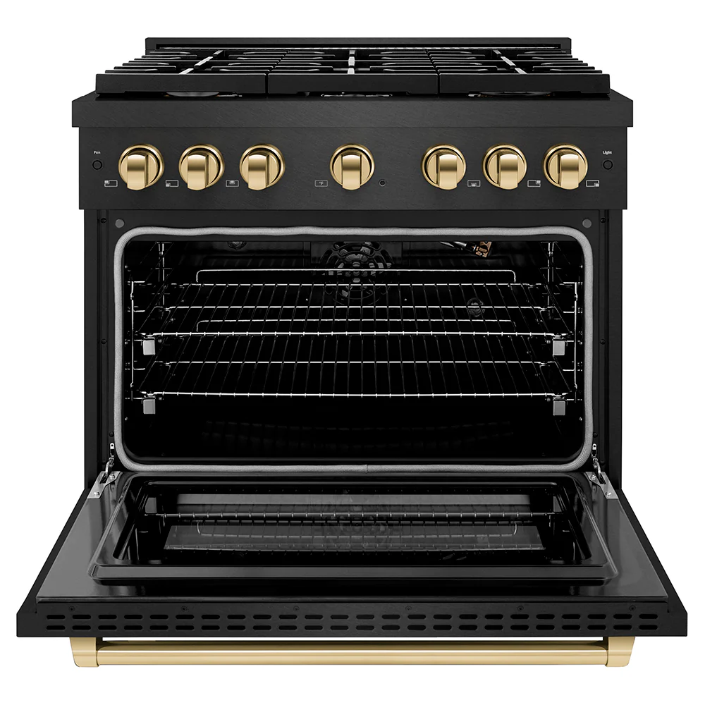 ZLINE Autograph Edition 36 in. 5.2 cu. ft. Paramount Gas Range with 6 Burner Cooktop and Convection Gas Oven in Black Satin Stainless Steel and Polished Gold Accents, Open Box-Great Condition - Image 3