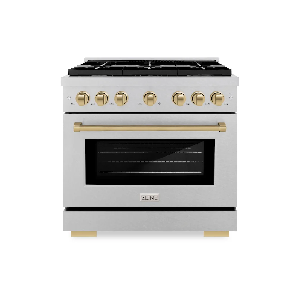 ZLINE Autograph Edition 36 in. 5.2 cu. ft. Paramount Gas Range with 6 Burner Cooktop and Convection Gas Oven in Satin Stainless Steel and Champagne Bronze Accents, Open Box-Great Condition - Image 3