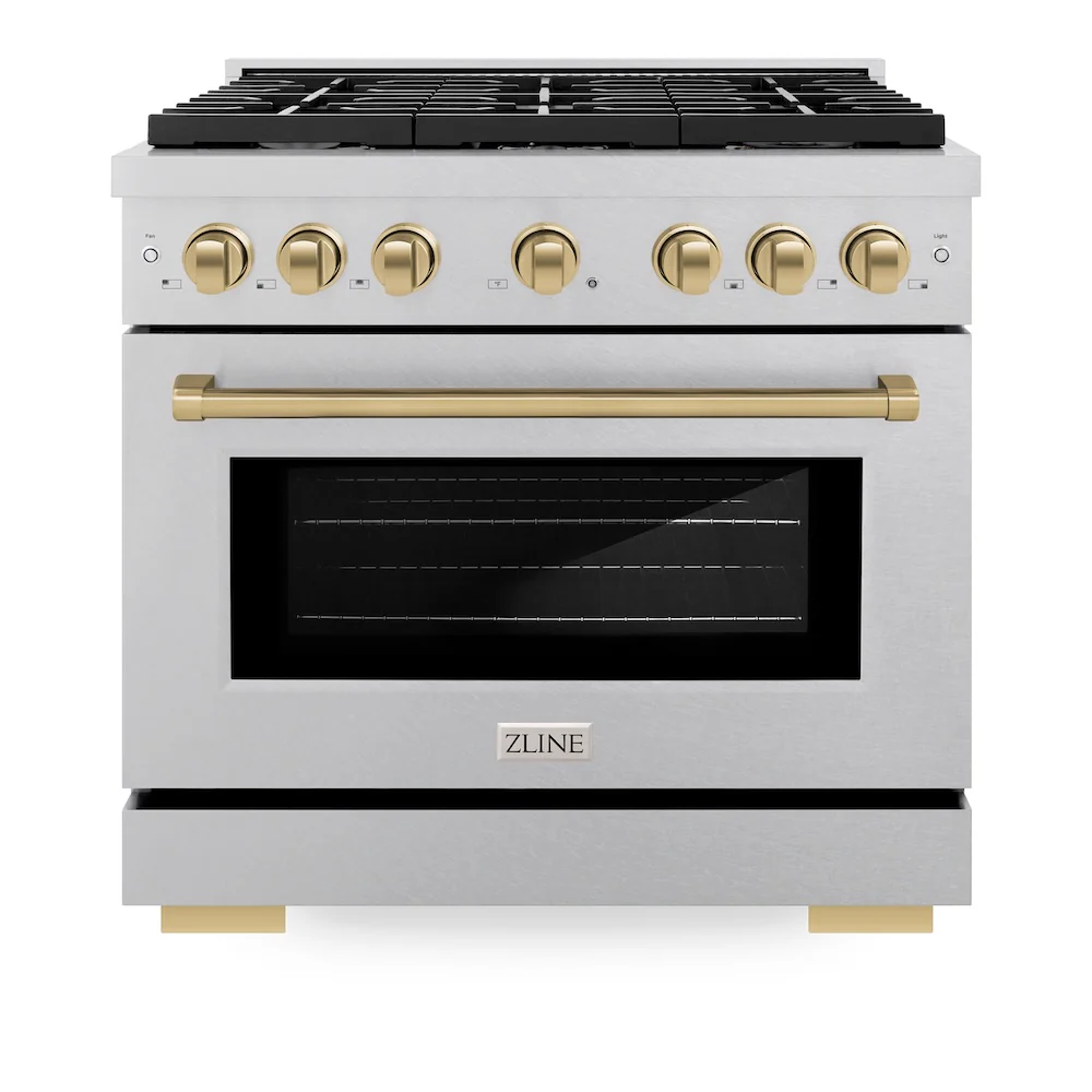 ZLINE Autograph Edition 36 in. 5.2 cu. ft. Paramount Gas Range with 6 Burner Cooktop and Convection Gas Oven in Satin Stainless Steel and Champagne Bronze Accents, Open Box-Great Condition - Image 4