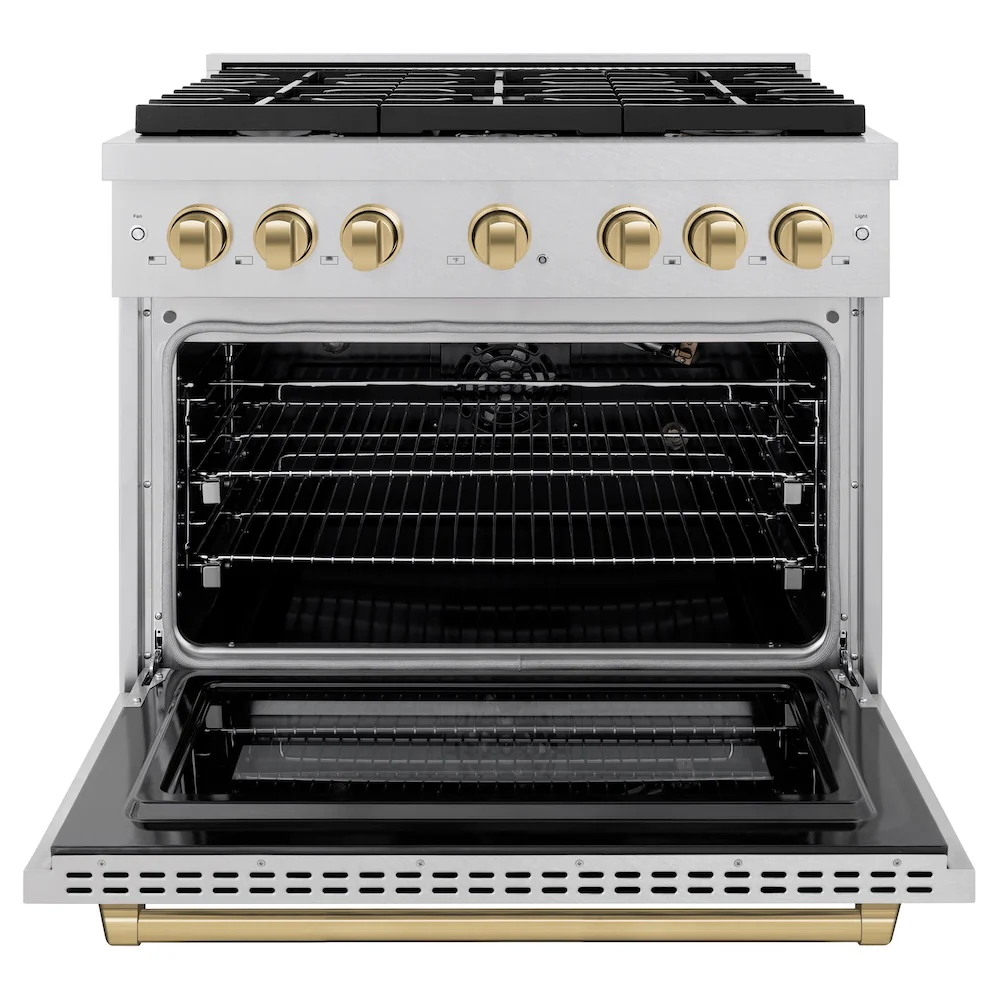 ZLINE Autograph Edition 36 in. 5.2 cu. ft. Paramount Gas Range with 6 Burner Cooktop and Convection Gas Oven in Satin Stainless Steel and Champagne Bronze Accents, Open Box-Great Condition - Image 5