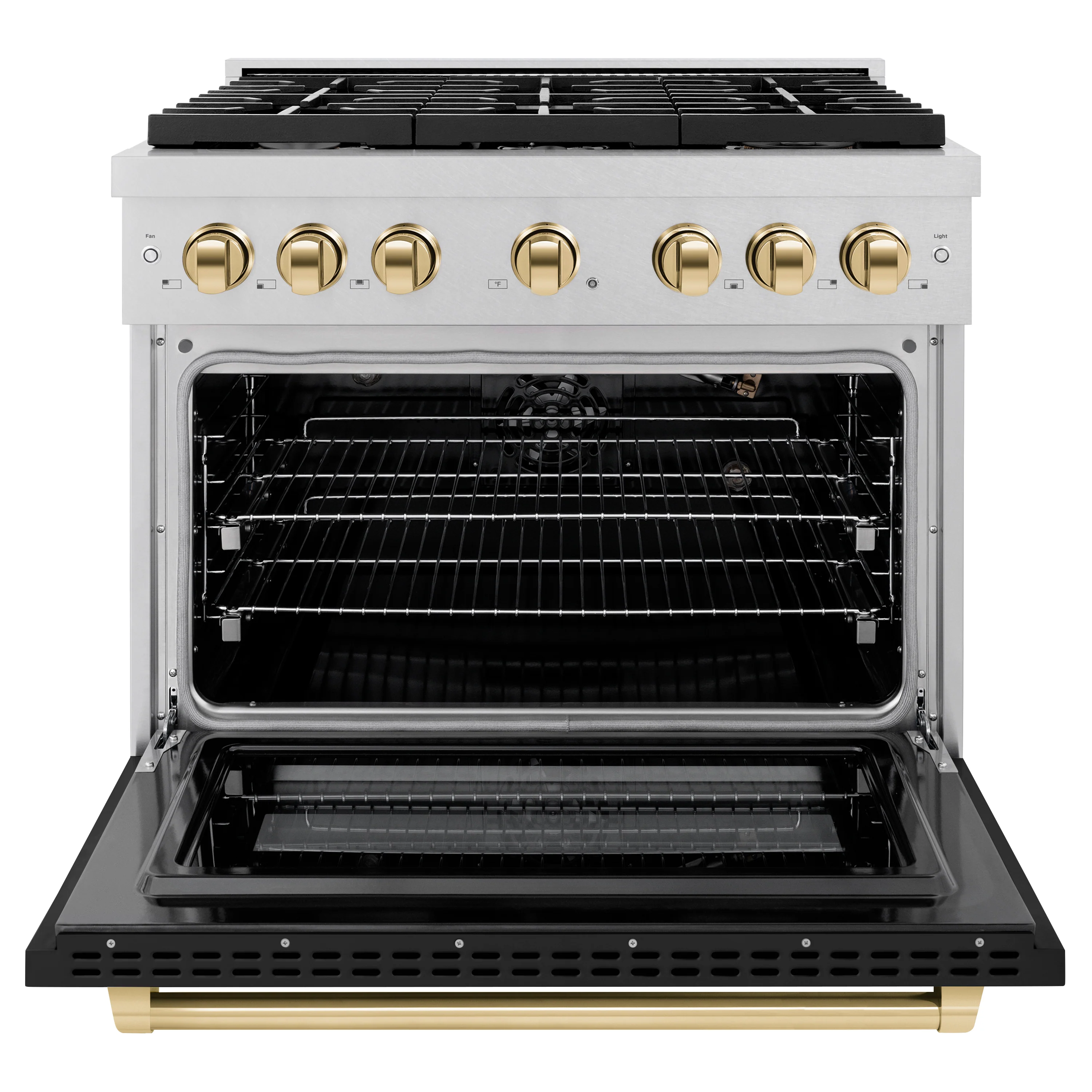 ZLINE Autograph Edition 36 in. 5.2 cu. ft. Paramount Gas Range with 6 Burner Cooktop and Convection Gas Oven in Satin Stainless Steel with Black Matte Door and Polished Gold Accents, Open Box-Great Condition - Image 5