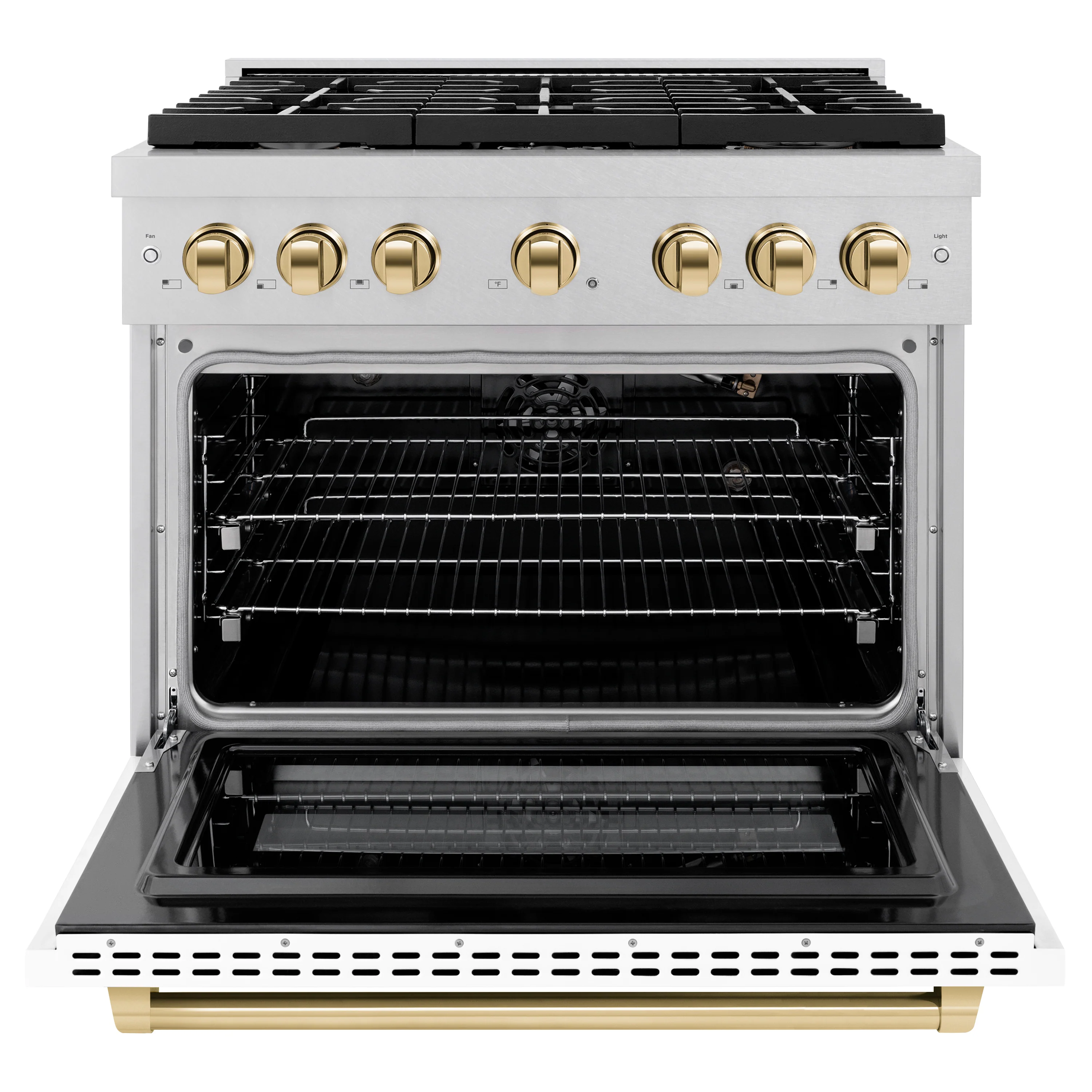 ZLINE Autograph Edition 36 in. 5.2 cu. ft. Paramount Gas Range with 6 Burner Cooktop and Convection Gas Oven in Satin Stainless Steel with White Matte Door and Polished Gold Accents, Open Box-Great Condition - Image 5