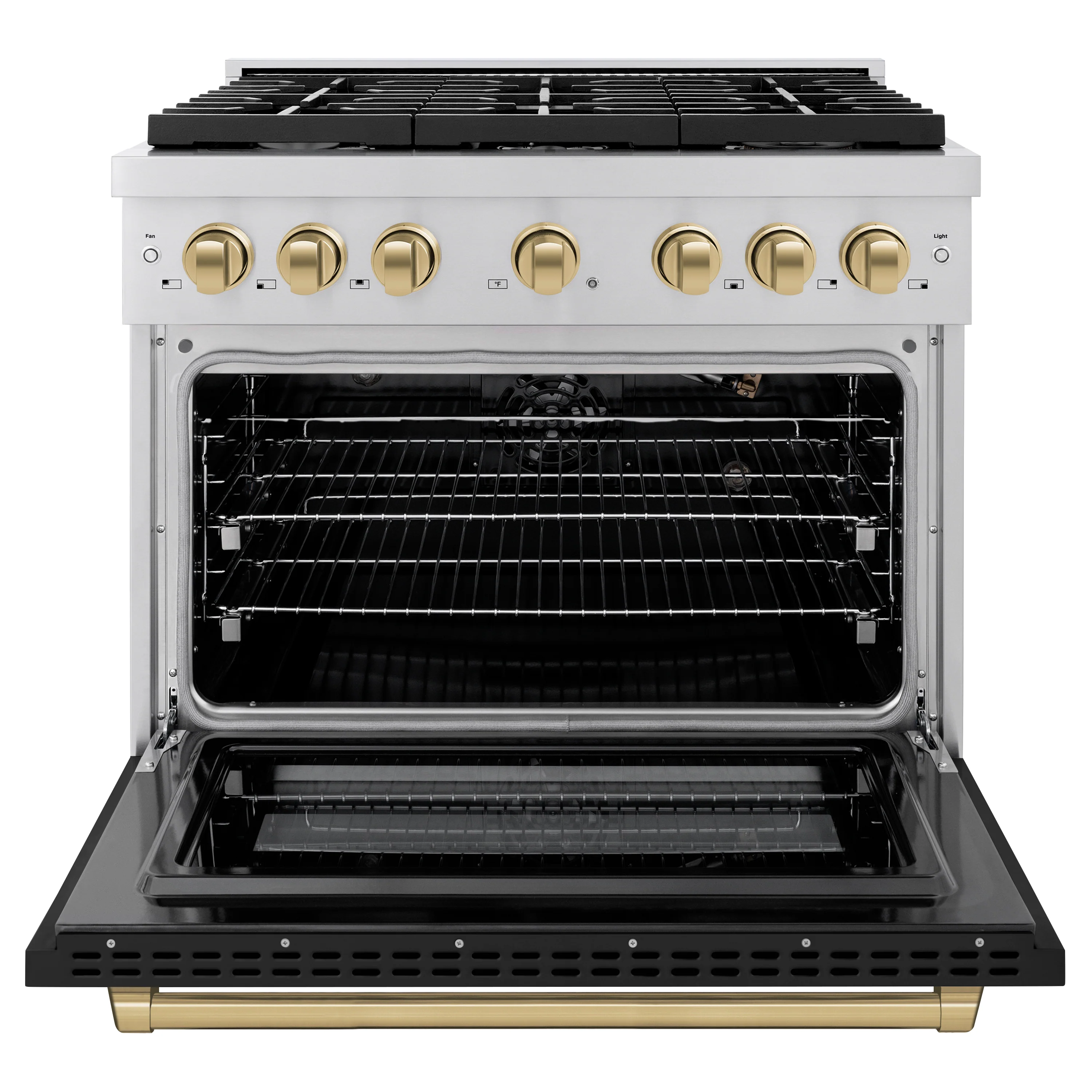 ZLINE Autograph Edition 36 in. 5.2 cu. ft. Paramount Gas Range with 6 Burner Cooktop and Convection Gas Oven in Stainless Steel with Black Matte Door and Champagne Bronze Accents, Open Box-Great Condition - Image 5