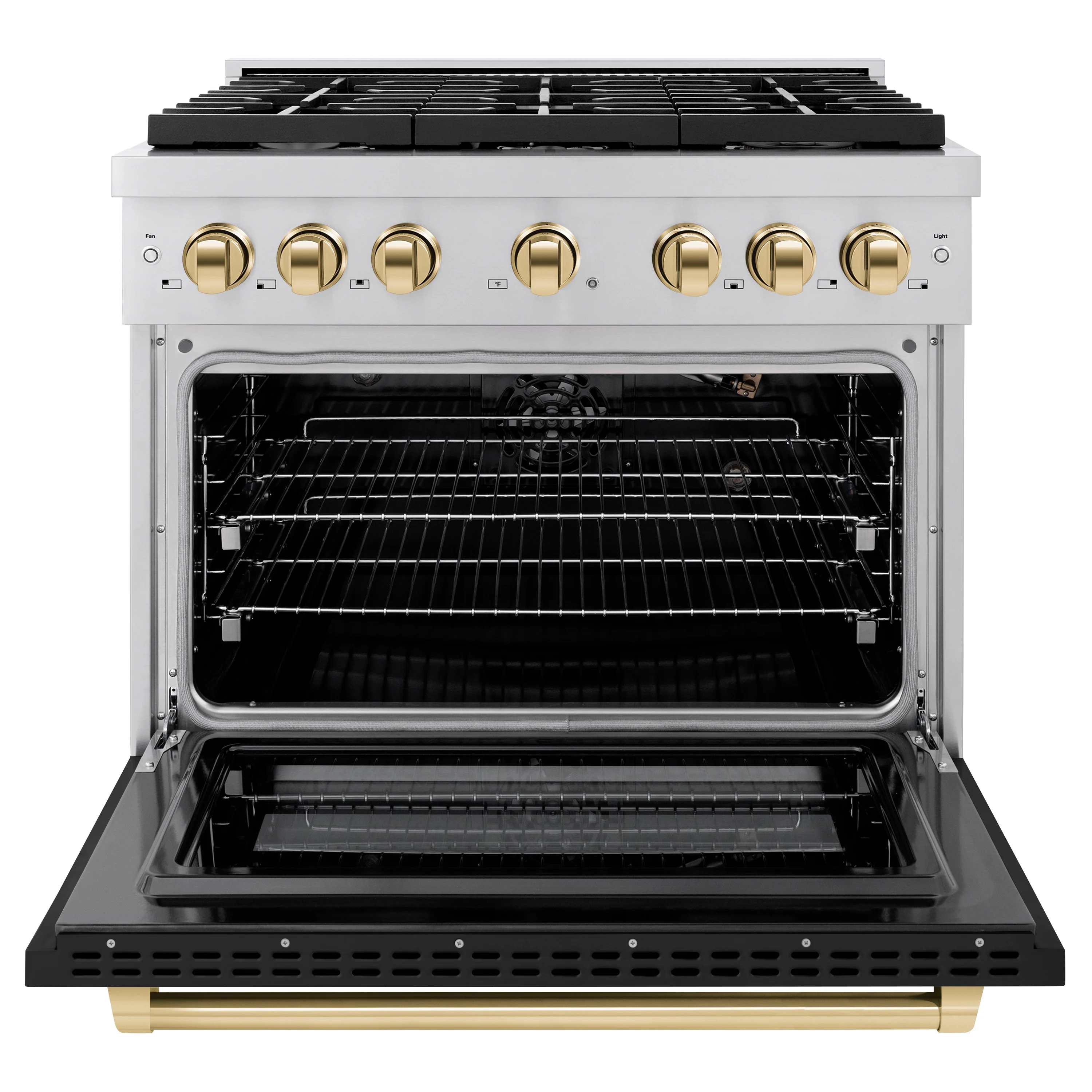 ZLINE Autograph Edition 36 in. 5.2 cu. ft. Paramount Gas Range with 6 Burner Cooktop and Convection Gas Oven in Stainless Steel with Black Matte Door and Polished Gold Accents, Open Box-Great Condition - Image 5