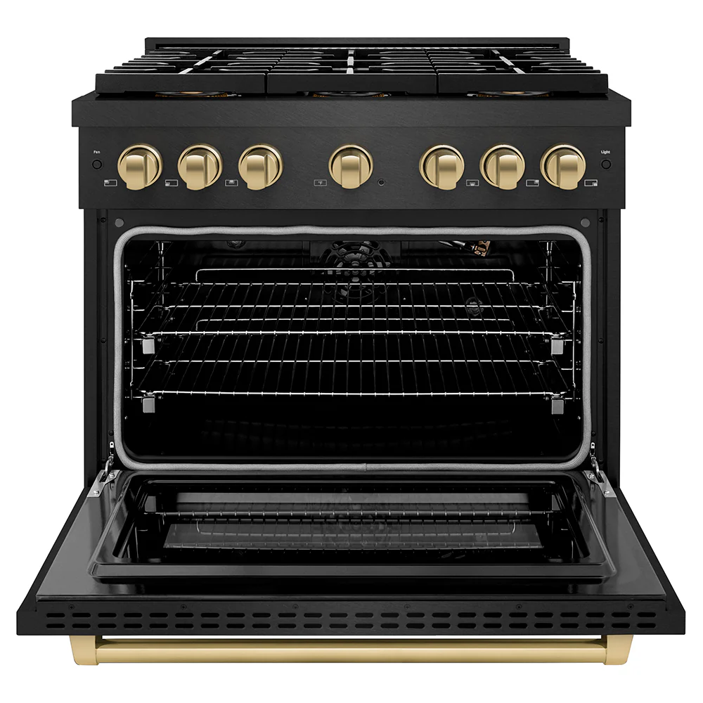 ZLINE Autograph Edition 36 in. 5.2 cu. ft. Paramount Gas Range with 6 Burner DuoPro™ Cooktop and Convection Gas Oven in Black Satin Stainless Steel and Champagne Bronze Accents, Open Box-Great Condition - Image 4