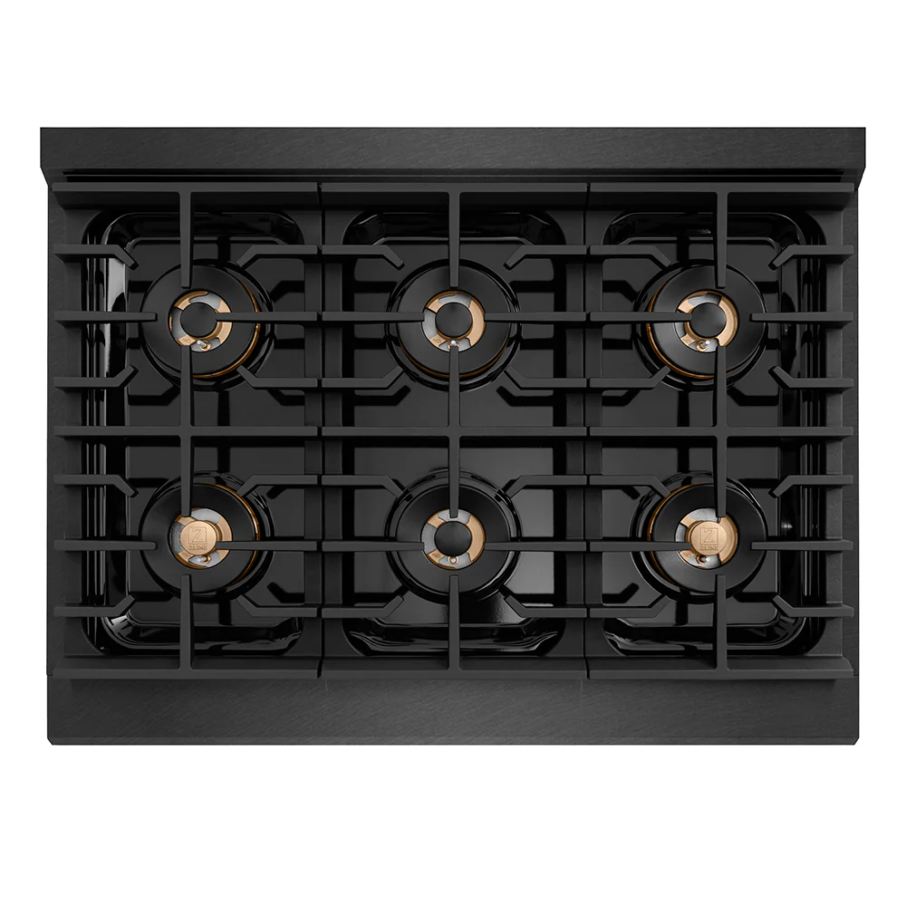 ZLINE Autograph Edition 36 in. 5.2 cu. ft. Paramount Gas Range with 6 Burner DuoPro™ Cooktop and Convection Gas Oven in Black Satin Stainless Steel and Polished Gold Accents, Open Box-Great Condition - Image 2