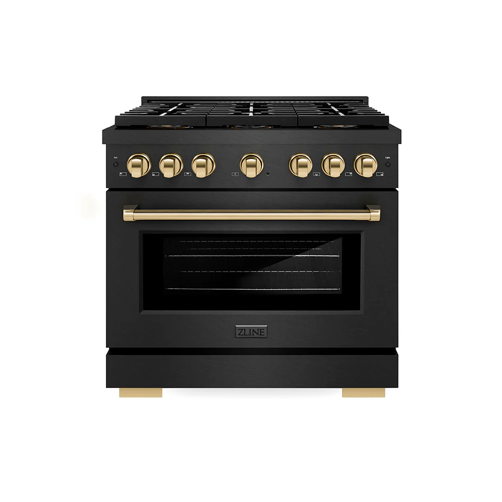 ZLINE Autograph Edition 36 in. 5.2 cu. ft. Paramount Gas Range with 6 Burner DuoPro™ Cooktop and Convection Gas Oven in Black Satin Stainless Steel and Polished Gold Accents, Open Box-Great Condition - Image 3