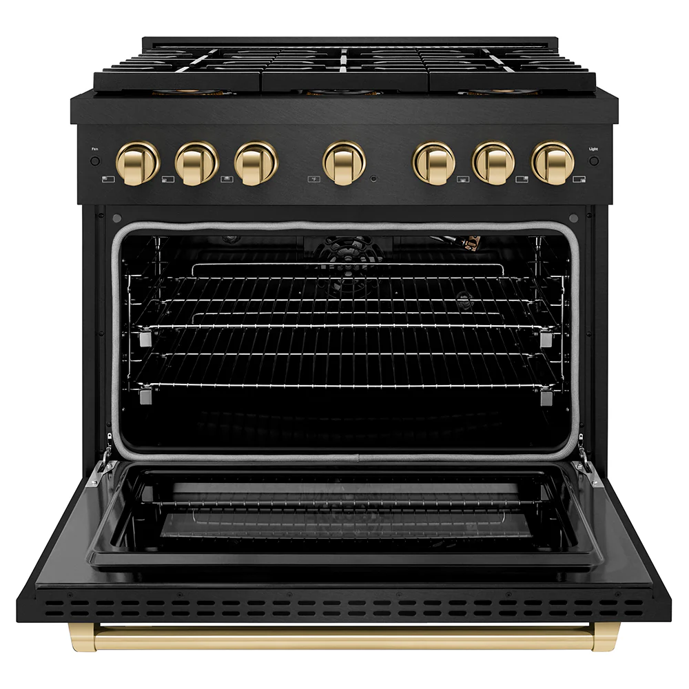 ZLINE Autograph Edition 36 in. 5.2 cu. ft. Paramount Gas Range with 6 Burner DuoPro™ Cooktop and Convection Gas Oven in Black Satin Stainless Steel and Polished Gold Accents, Open Box-Great Condition - Image 4