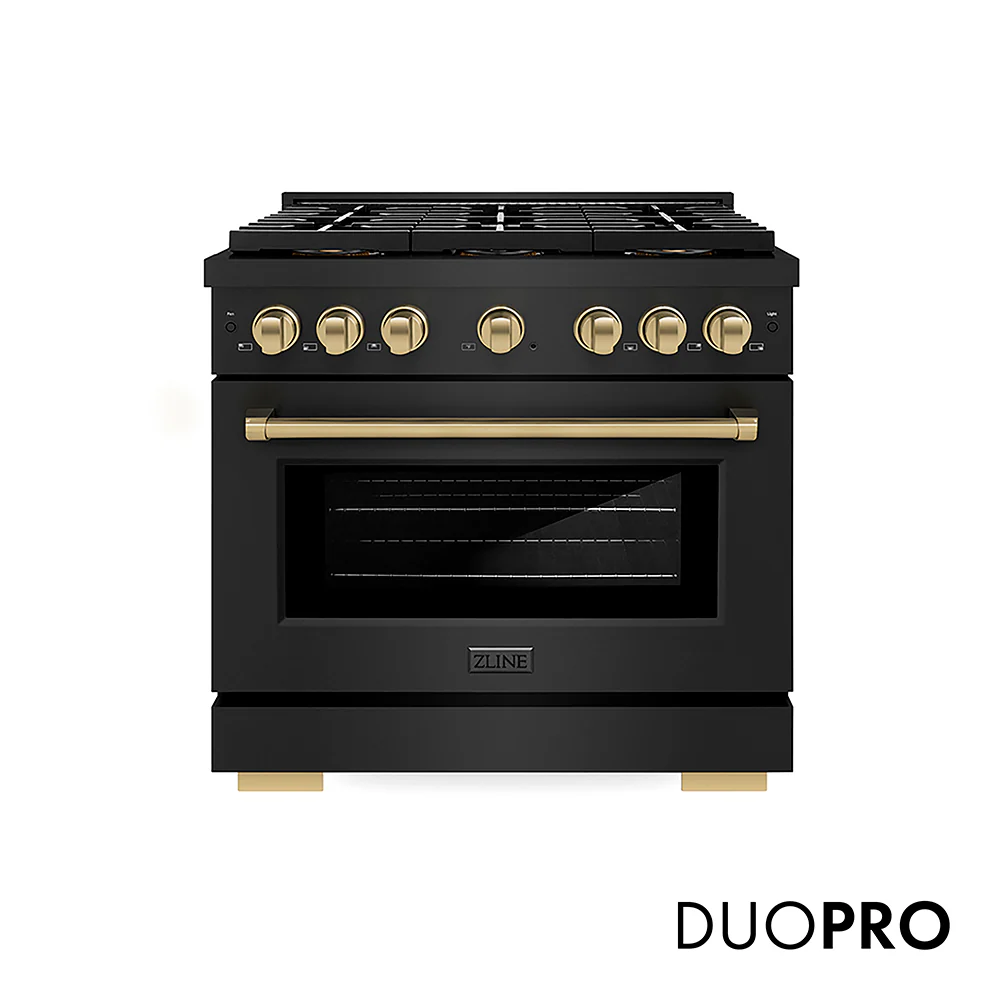 ZLINE Autograph Edition 36 in. 5.2 cu. ft. Paramount Gas Range with 6 Burner DuoPro™ Cooktop and Convection Gas Oven in Black Stainless Steel and Champagne Bronze Accents, Open Box-Great Condition