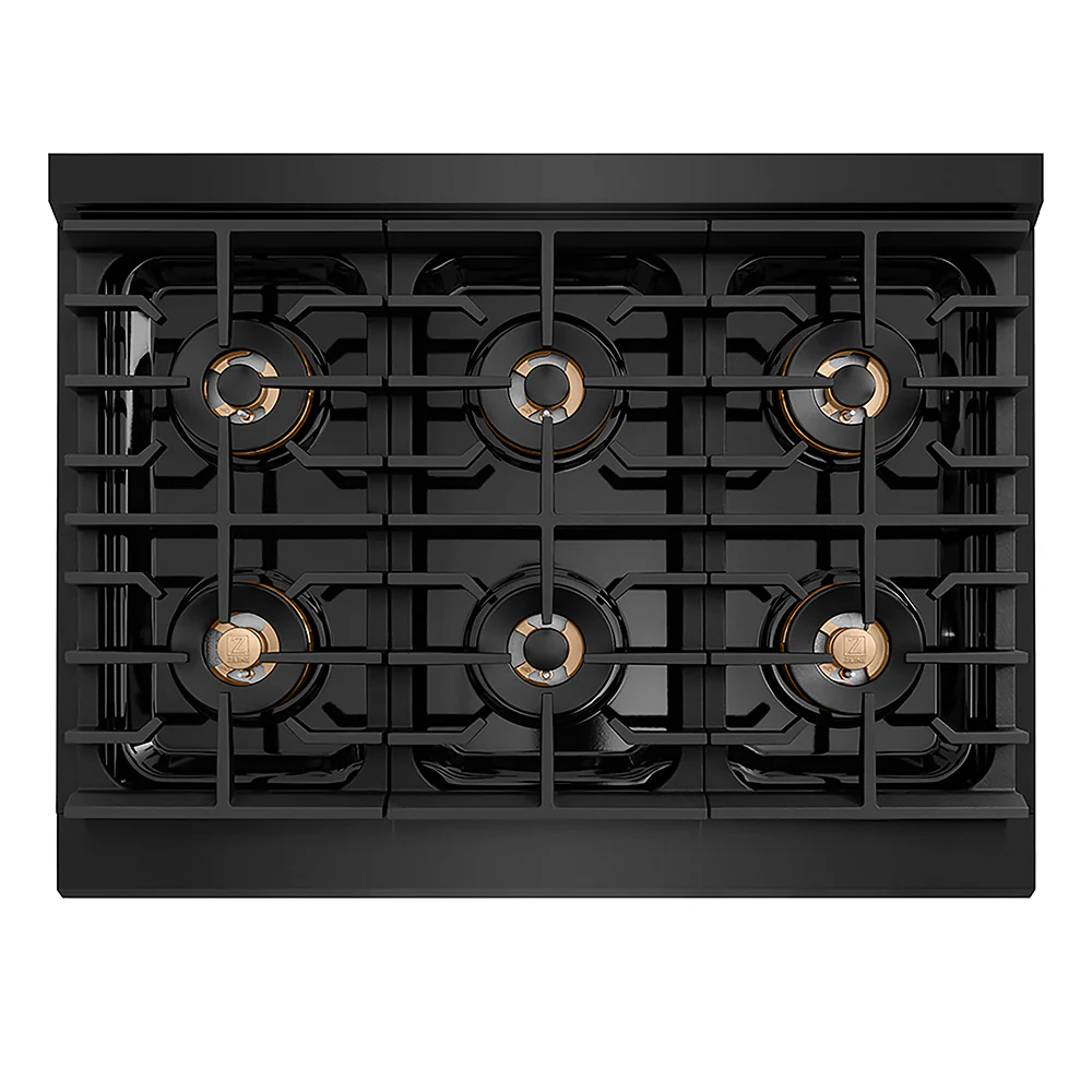ZLINE Autograph Edition 36 in. 5.2 cu. ft. Paramount Gas Range with 6 Burner DuoPro™ Cooktop and Convection Gas Oven in Black Stainless Steel and Champagne Bronze Accents, Open Box-Great Condition - Image 2