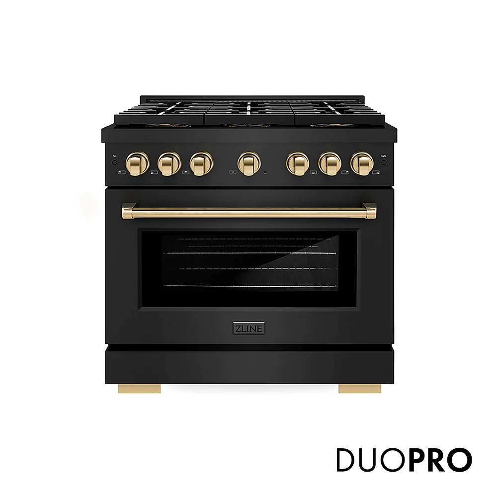 ZLINE Autograph Edition 36 in. 5.2 cu. ft. Paramount Gas Range with 6 Burner DuoPro™ Cooktop and Convection Gas Oven in Black Stainless Steel and Polished Gold Accents, Open Box-Great Condition