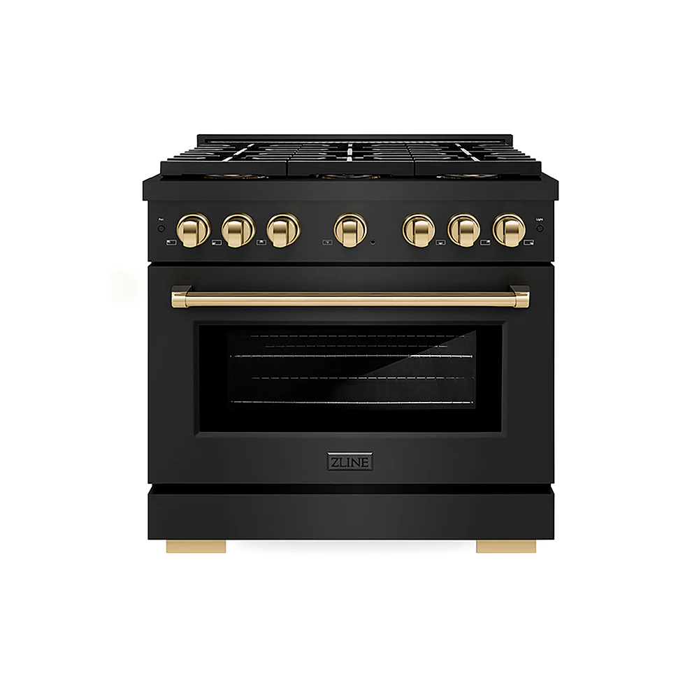 ZLINE Autograph Edition 36 in. 5.2 cu. ft. Paramount Gas Range with 6 Burner DuoPro™ Cooktop and Convection Gas Oven in Black Stainless Steel and Polished Gold Accents, Open Box-Great Condition - Image 3