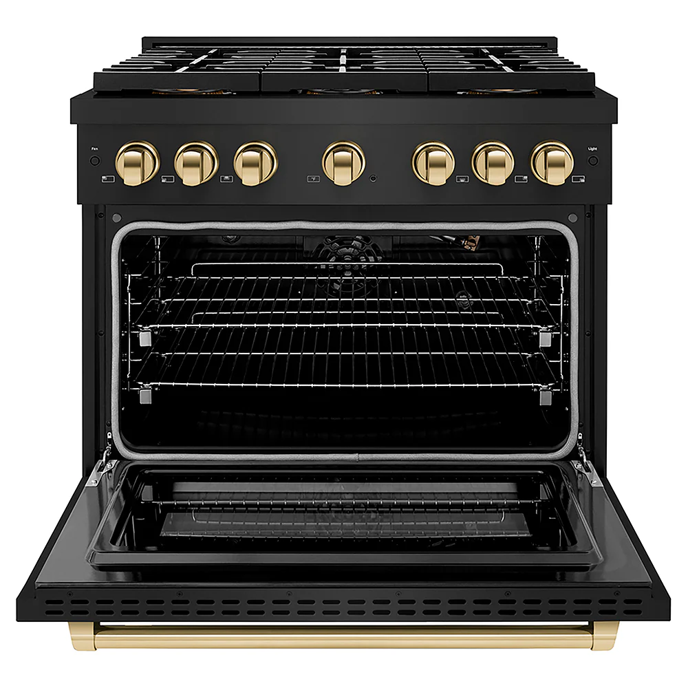 ZLINE Autograph Edition 36 in. 5.2 cu. ft. Paramount Gas Range with 6 Burner DuoPro™ Cooktop and Convection Gas Oven in Black Stainless Steel and Polished Gold Accents, Open Box-Great Condition - Image 4