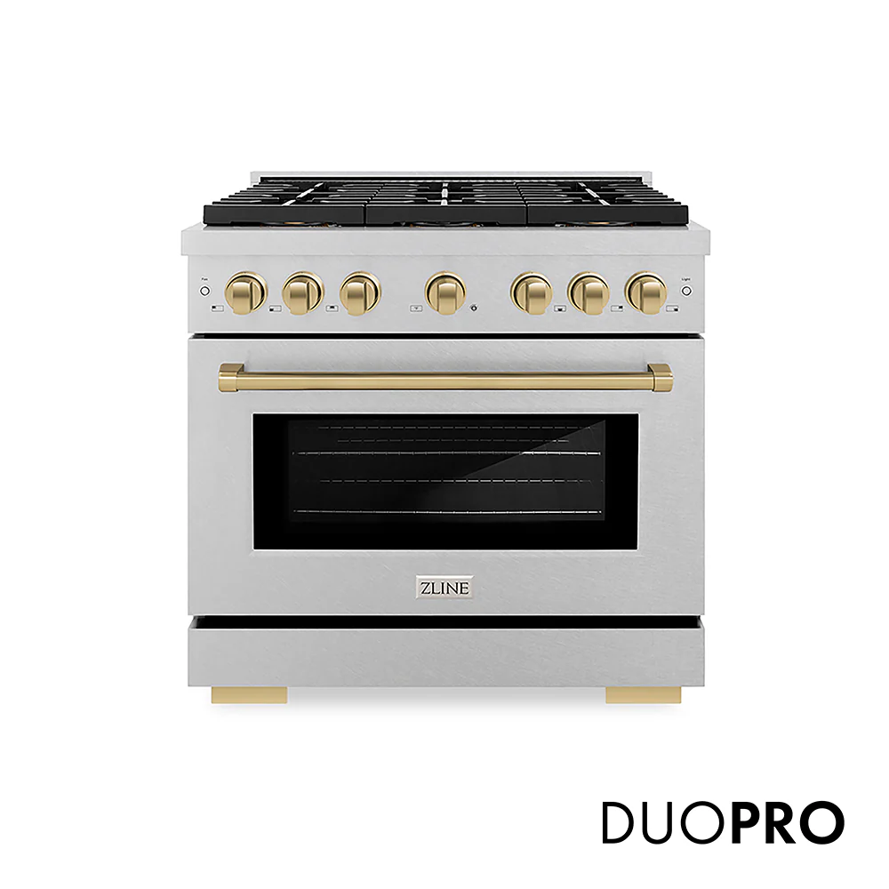 ZLINE Autograph Edition 36 in. 5.2 cu. ft. Paramount Gas Range with 6 Burner DuoPro™ Cooktop and Convection Gas Oven in Satin Stainless Steel and Champagne Bronze Accents, Open Box-Great Condition