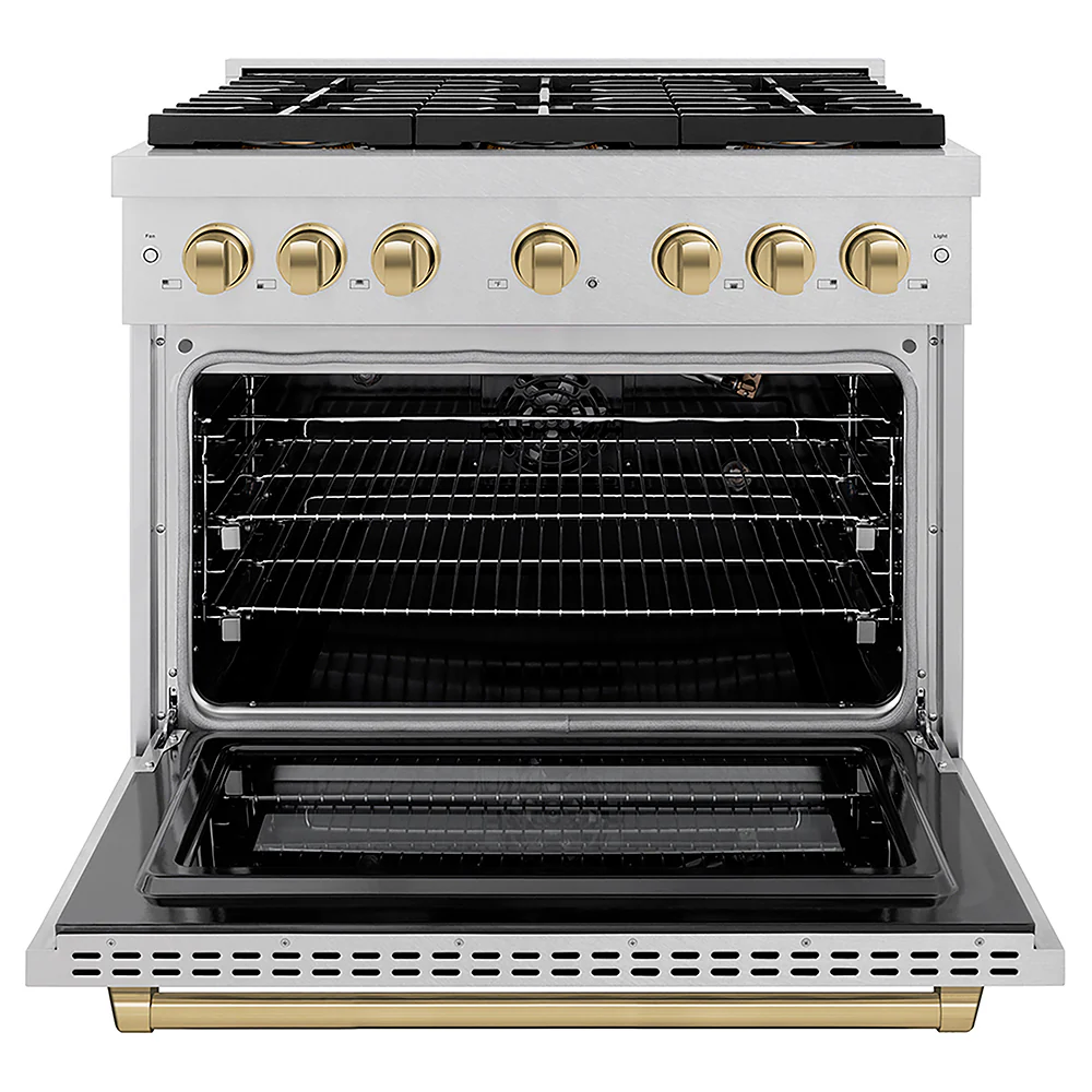 ZLINE Autograph Edition 36 in. 5.2 cu. ft. Paramount Gas Range with 6 Burner DuoPro™ Cooktop and Convection Gas Oven in Satin Stainless Steel and Champagne Bronze Accents, Open Box-Great Condition - Image 4