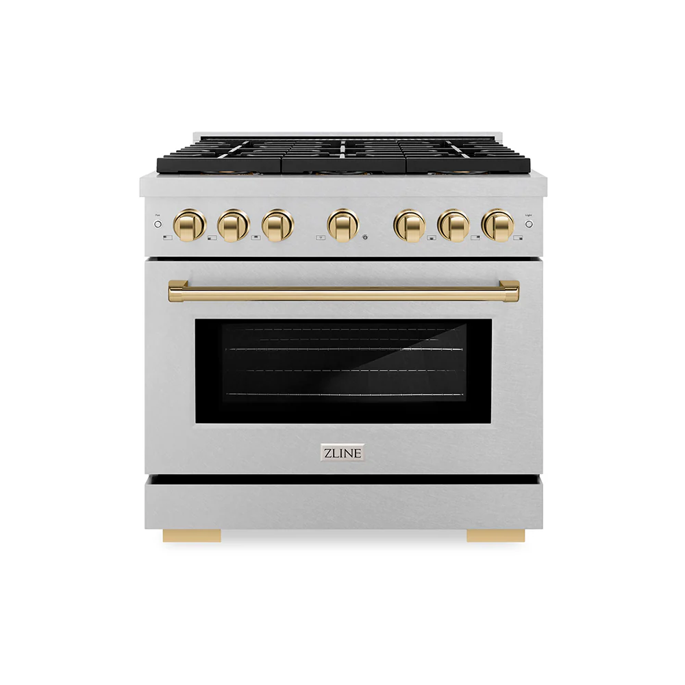 ZLINE Autograph Edition 36 in. 5.2 cu. ft. Paramount Gas Range with 6 Burner DuoPro™ Cooktop and Convection Gas Oven in Satin Stainless Steel and Polished Gold Accents, Open Box-Great Condition - Image 3